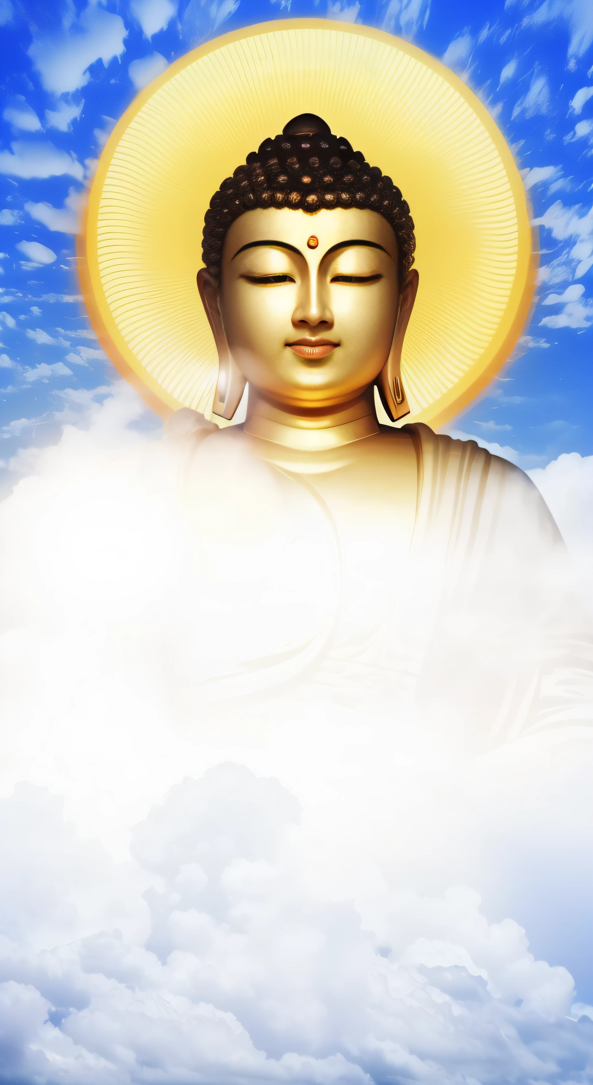 Close up of Buddha statue in clouds with sky background, a Buddhist Buddha, attractive male deity, Buddhism, Buddha, Enlightened, 4 0 9 6, glowing holy aura, A glowing halo overhead, puṣkaracūḍa, divine being, Beautiful image, Spiritual enlightenment, beautiful gold saint, Buddhist, background-image，8K quality，Master handwriting，hyper HD