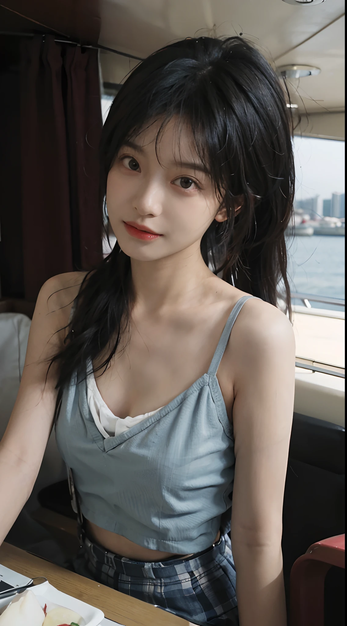 best qualtiy，tmasterpiece，超高分辨率，（realisticlying：1.4），1girll，High ponytail，A pair of bright eyes，Raised sexy，head straight-looking at viewer，On the yacht，Full of atmosphere，Cleavage is seductive，，（Red bra：1.8），（Small transparent suspenders：1.4），（Big big breasts：3.9），（The upper part of the body：1.4），