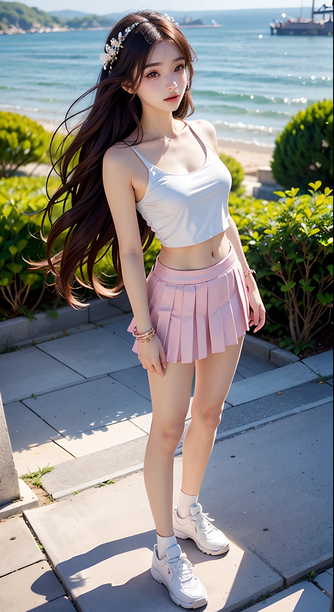 best qualtiy,tmasterpiece,k hd,1girll,Full body photo,erect through,One leg is slightly curved,Nice face,slim,Raised sexy,bite lips,Cold and glamorous,cropped shoulders,nabel,cabelos preto e longos,hair adornments,long leges,athletic sneakers,White top,Pink pleated skirt,Beautiful teenage girl,Ethereal dreams,Beautiful goddess,Detailed scenes, Eye-catching accessories, Picturesque, (Shooting from an elevation perspective)