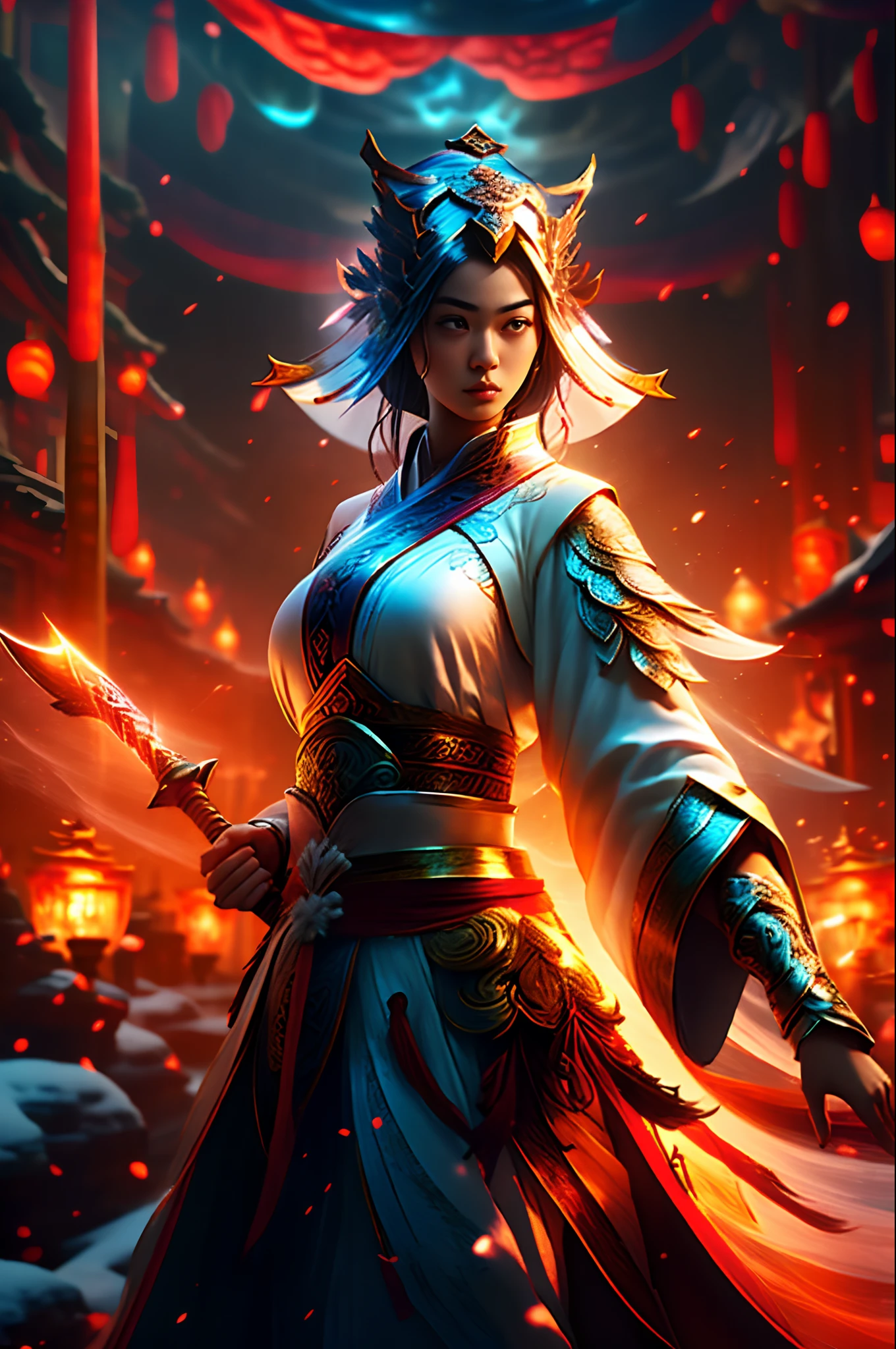 Ancient Chinese martial arts style，The heroine of a martial arts novel，Female swordsman，heroic look，Excellent temperament，Holding a blue sword，Dressed in white，Snow-white tulle clothes，Dancing swords in the moonlight,exteriors,Realistic/of a real,Very high resolution CG wallpaper,the night,goddes,head gear,ultra - detailed,beautifuldetails,finely detailled,wide wide shot,exteriors,Realistic/of a real,Very high resolution CG wallpaper,the night,goddes,head gear,full bodyesbian