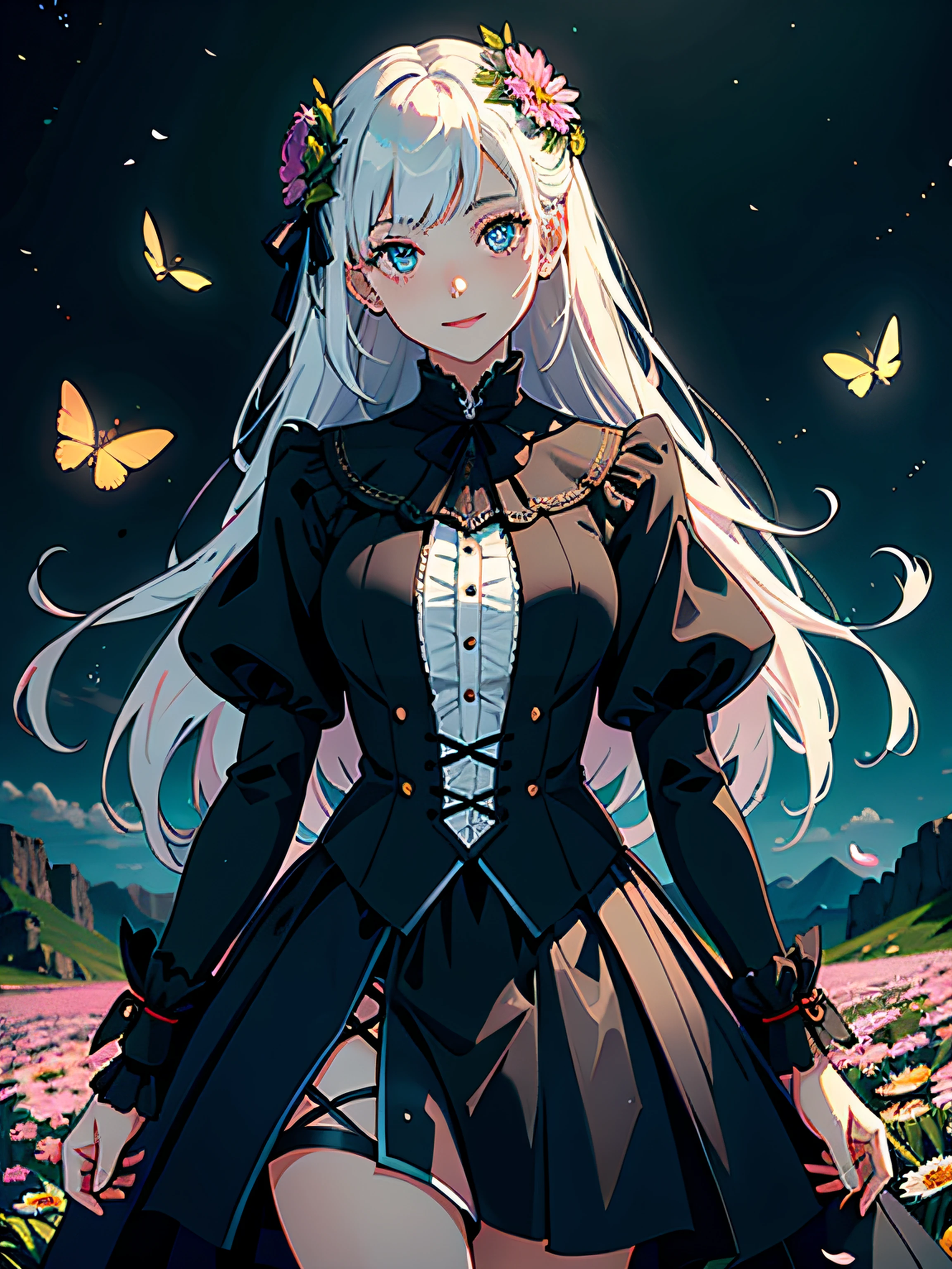 masterpiece, best quality, 1girl, (colorful),(delicate eyes and face), volumatic light, ray tracing, bust shot ,extremely detailed CG unity 8k wallpaper,solo,smile,intricate skirt,((flying petal)),(Flowery meadow) sky, cloudy_sky, moonlight, moon, night, (dark theme:1.3), light, fantasy, windy, magic sparks,white hair, black castle,