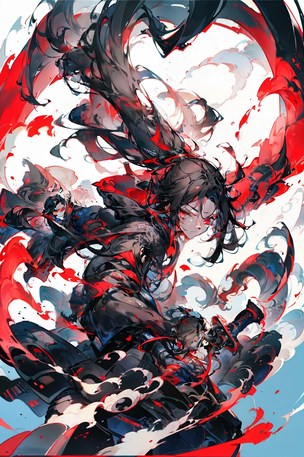 with long black hair,Red-eyed age boy,Stand on an empty street at night,extreme hight detail,Blue jacket,Black Hakama,Holding a giant blood-colored scythe in one hand