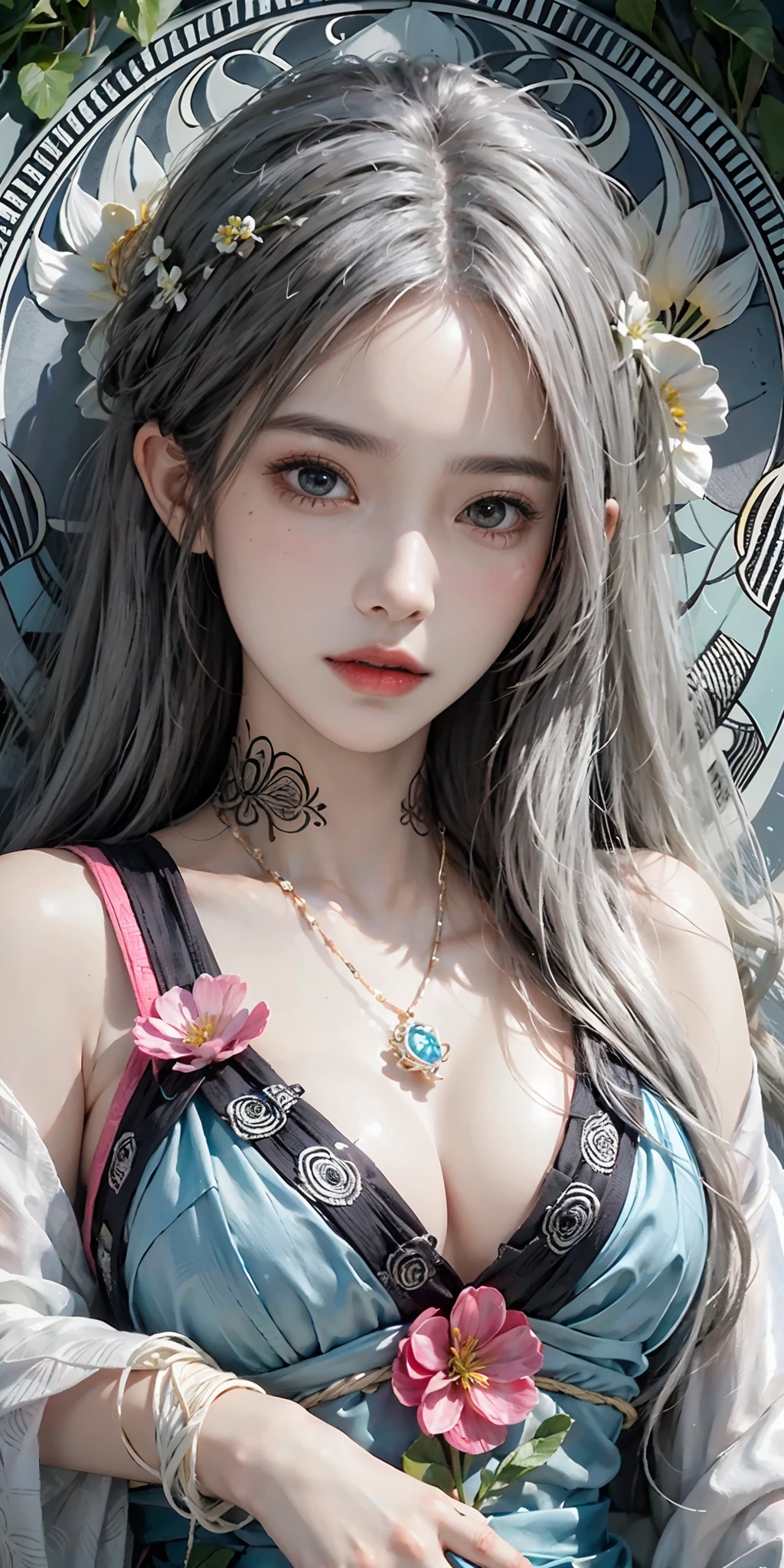 1girl, solo, waist up, from above, (zentangle, mandala, tangle, entangle), (flower blossom:1.2) official art, unity 8k wallpaper, ultra detailed, aesthetic, masterpiece, best quality, photorealistic, white hair