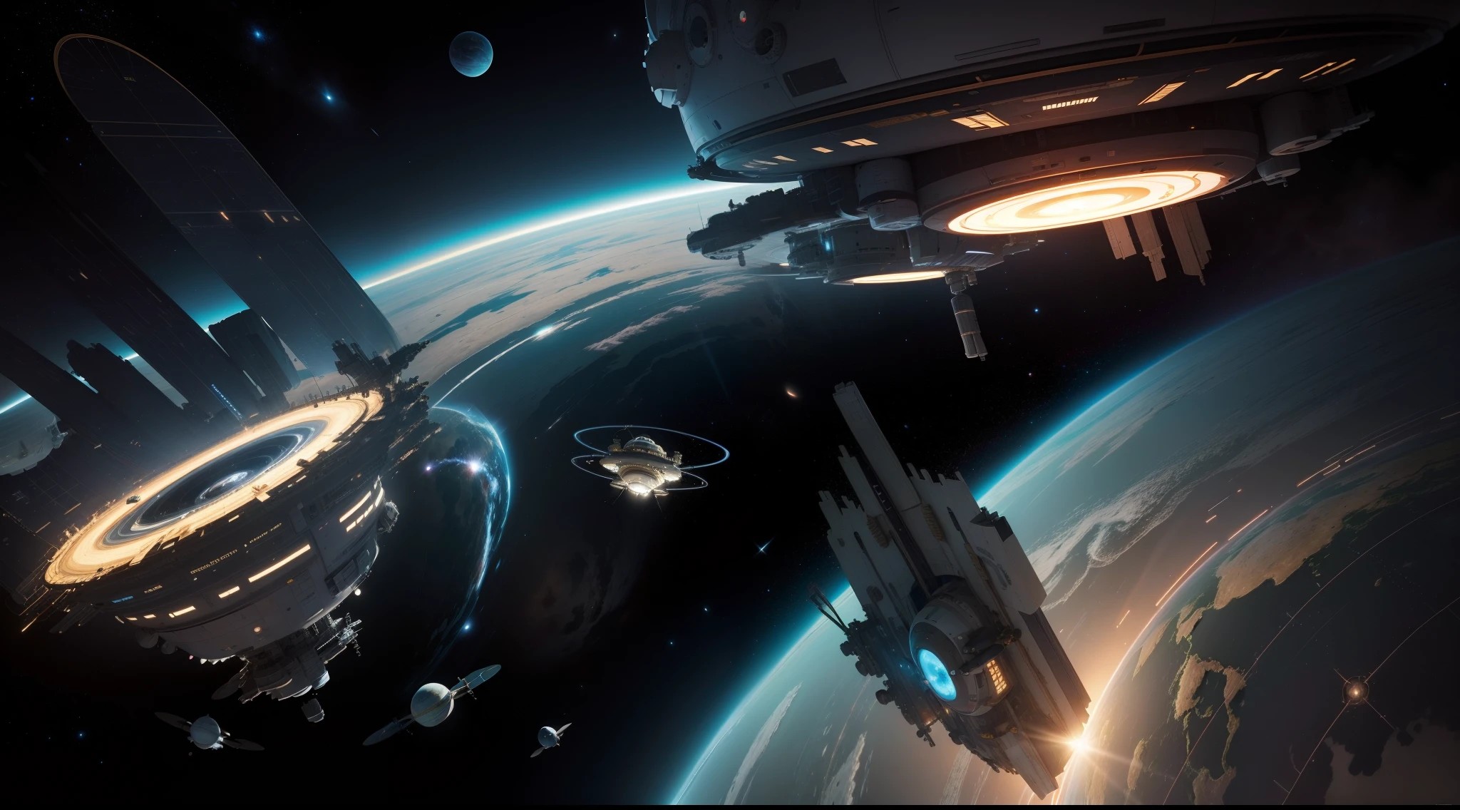 In the middle there is a map of the satellite space station, top down extraterrestial view, orbiting space ships, explorer sketch, detailed spacecraft, conceptual drawing, planet with rings, orbital rings, concept sketches, variable lineart, Outline sketch, detailed crash space ship, galaxy orbit system, mobius strip shaped planet, space station planet afar