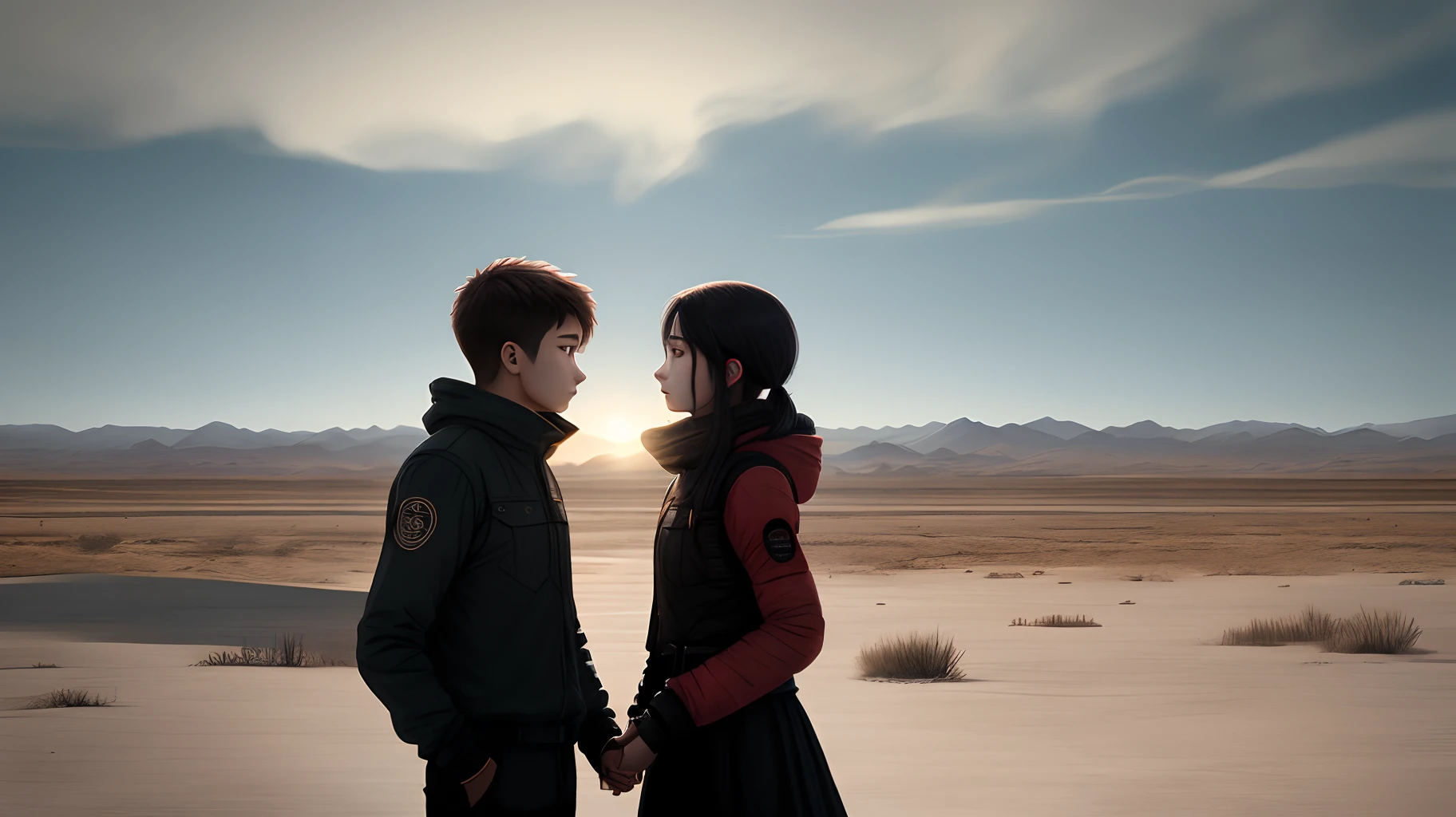 In a remote lonely wasteland,Two souls are accompanying each other,They are equally young and restrained,Don't look at each other