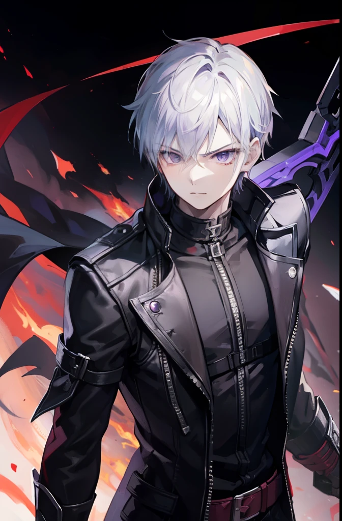 1 boy, Devil may cry, silver hair, purple eye, black jacket, fire emblem on arm, robot arm, sword clash, devil trigger,