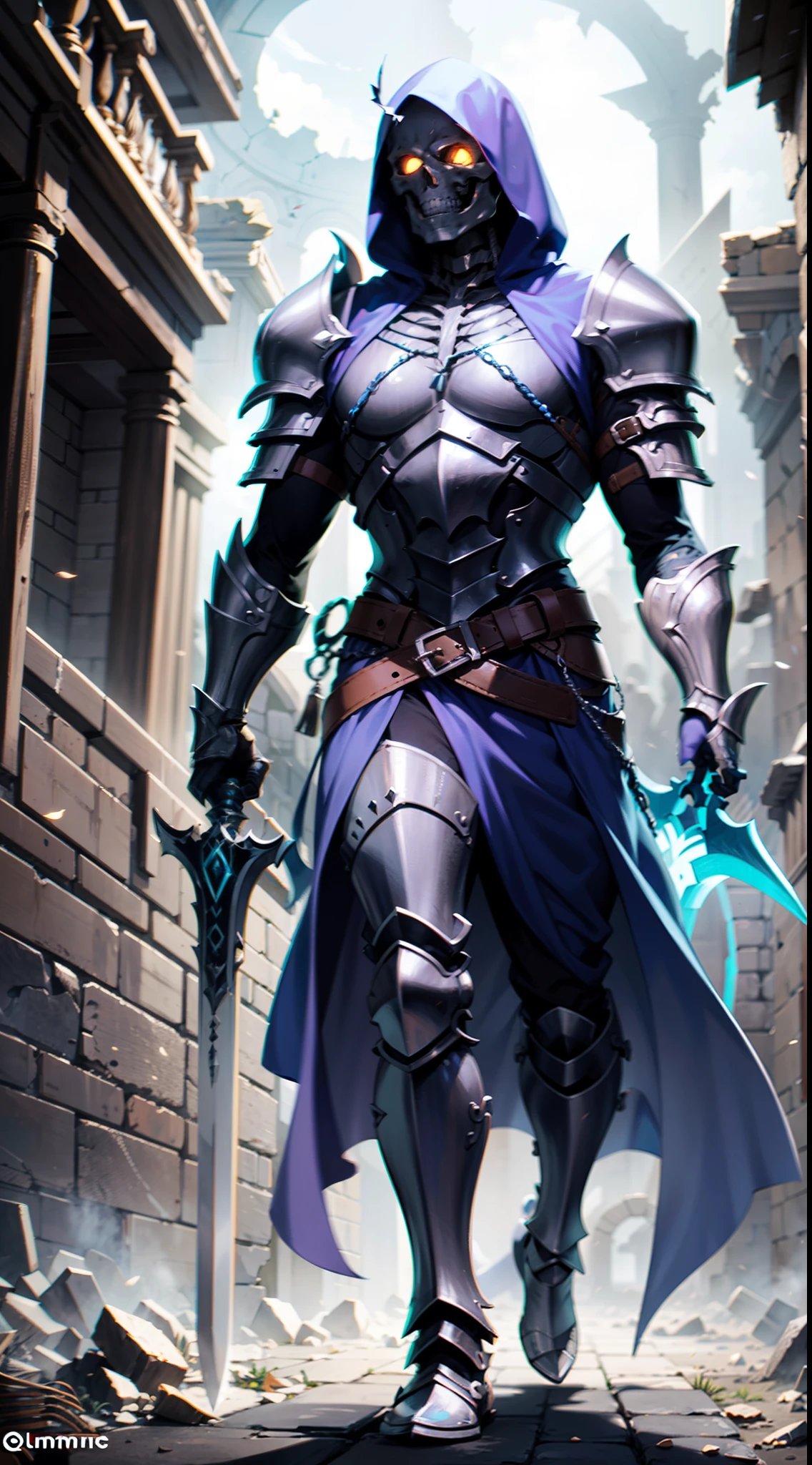 Resurrected skeleton guard,Put on broken heavy armor,Blue-purple glowing eyes,A man holds a huge broken shield,A long sword is held in one hand,Classical horror,Tall,Full body like,Guards in front of the gate of the ruins,The background is a forgotten dungeon,There are treasure chests around、numinous、Corpses and equipment of adventurers, etc
