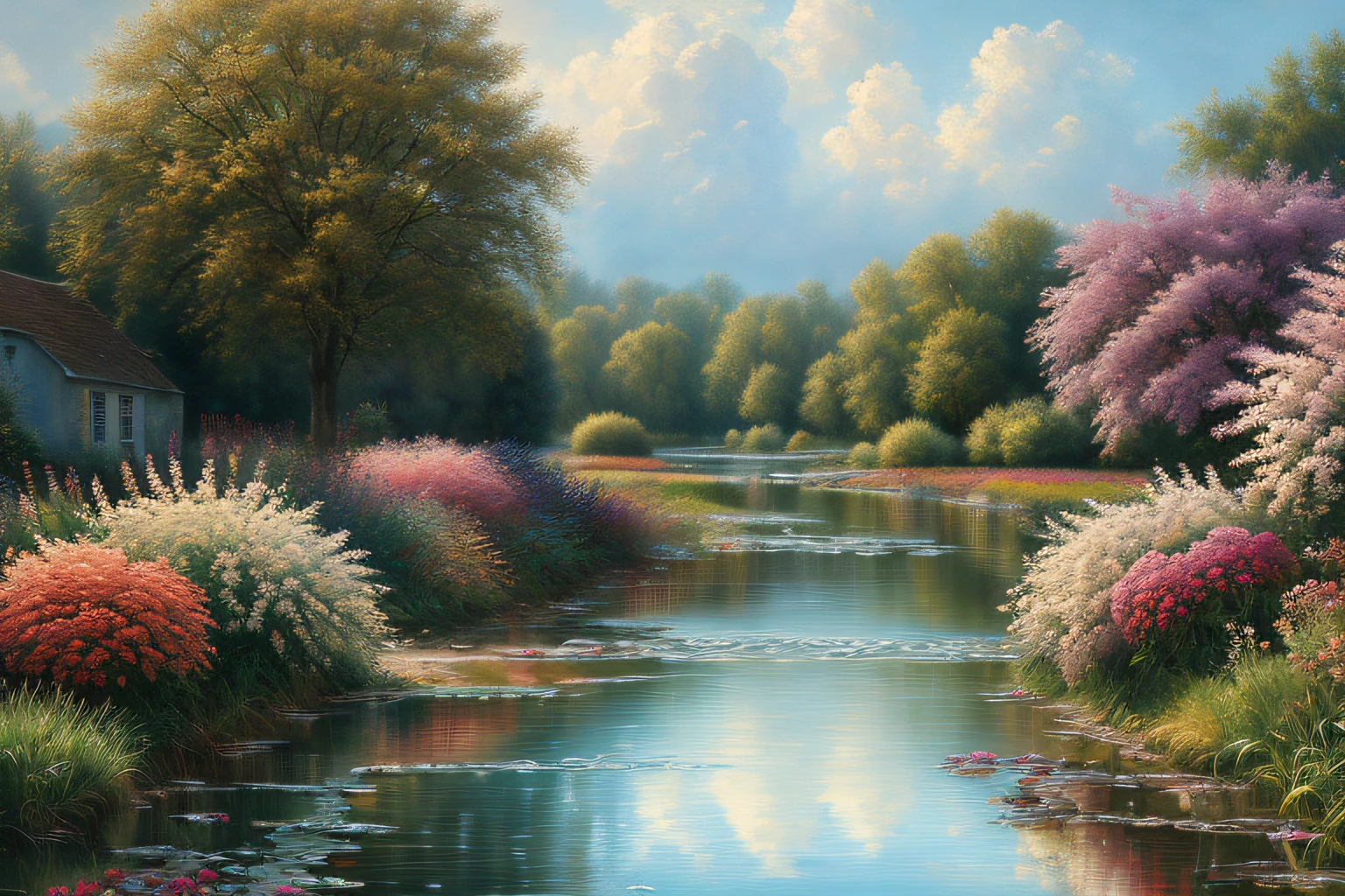 paysage, eau,dahlias, (Extremely detailed CG Unit 8k wallpaper), World's most beautiful work of art, Professional majestic oil painting, complexe, High detail, mise au point nette, dramatique, Photorealistic painting art