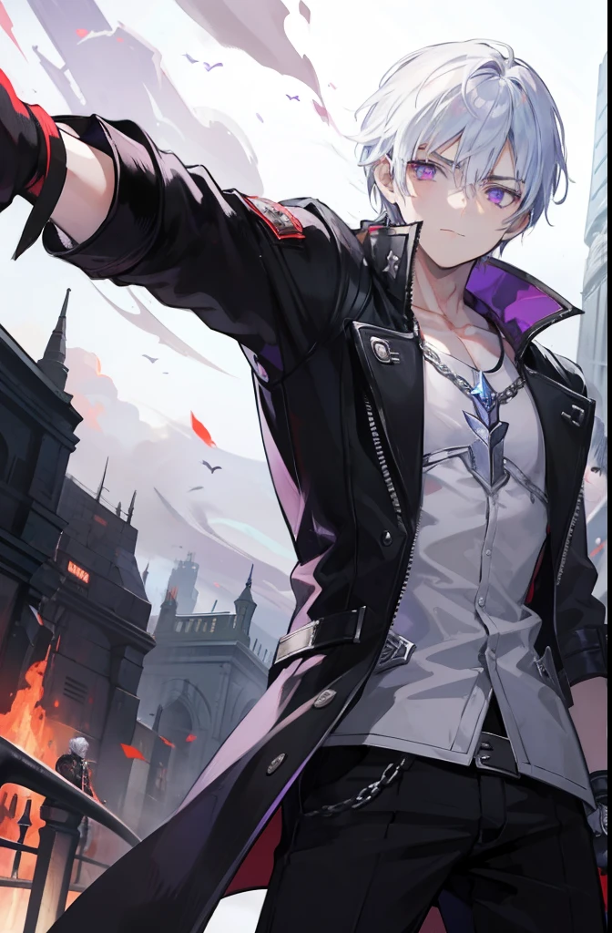 1 boy, Devil may cry, silver hair, purple eye, black jacket, fire emblem on arm, robot arm, sword clash, devil trigger,