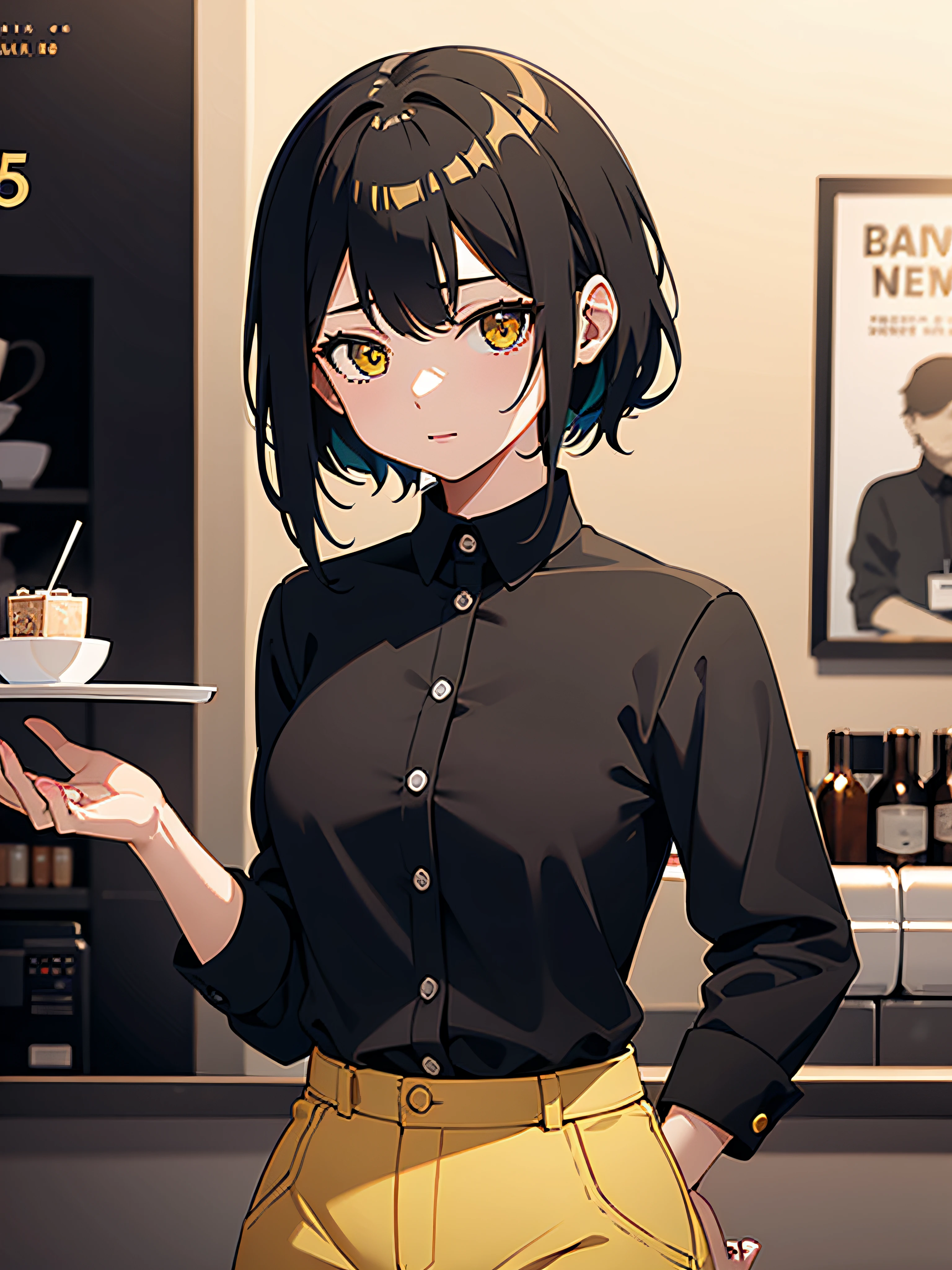 Anime,Women,Girl,Cafe worker,8k,wearing Black shirt with yellow buttons and black jeans.