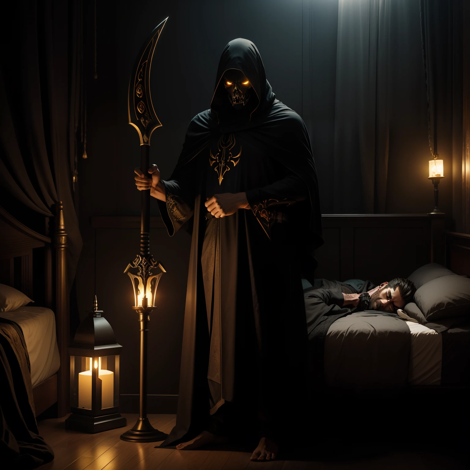 a men sleeping on bed, a reaper standing near hid bed, golden eyes, horror style, fantasy style, men on bed sleeping, high quality, axe with reaper, light dark room