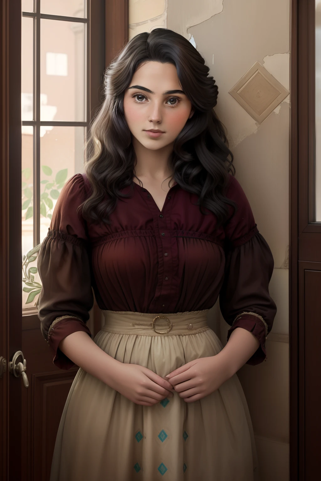 Inside a house in 1900s Italy, a 20-year-old young woman encourages her siblings not to be discouraged. She is full of strength and hope, Her faith is unshakable, half image, detailed realistic photo with the colors of the time, perfect hands