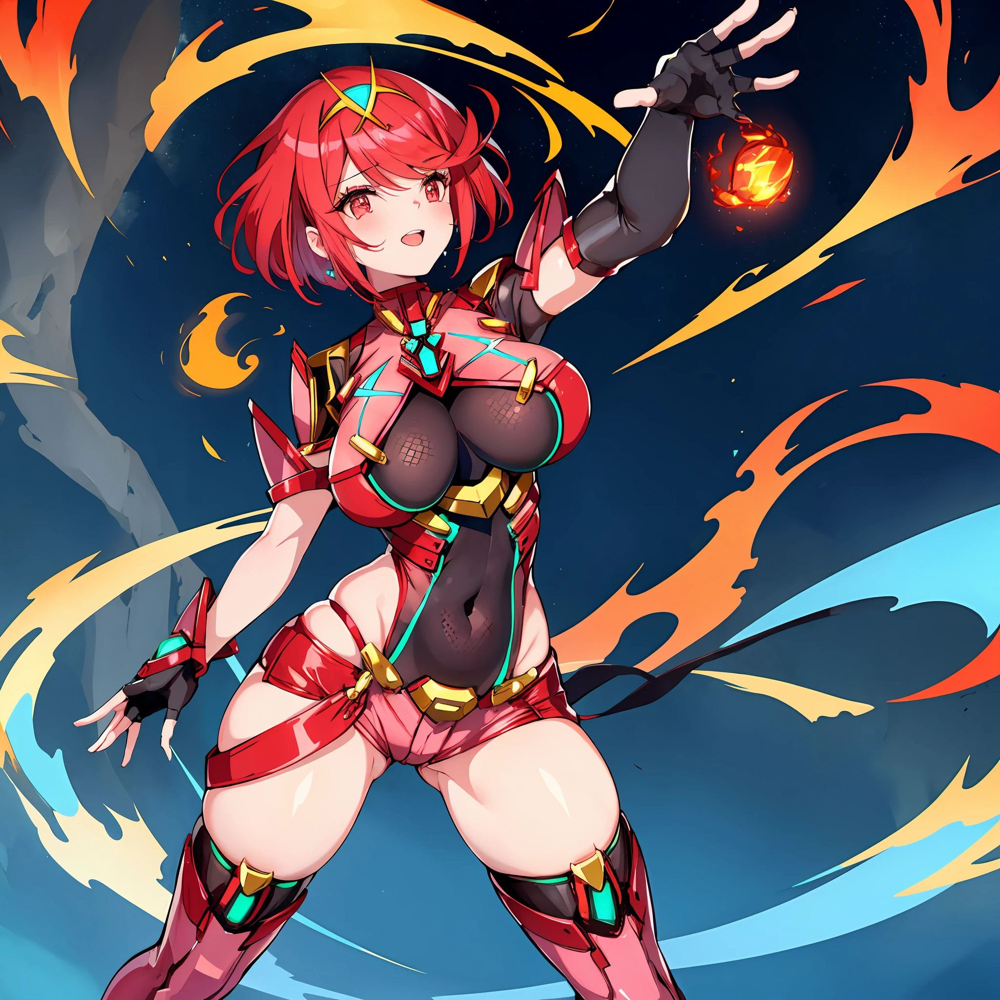 pyra \(xenoblade\), _1girl, armor, bangs, black gloves, breasts, red eyes, closed mouth, earrings, eyelashes, fingerless gloves, floating hair, framed breasts, gem, gloves, hair ornament, headpiece, jewelry, big_breasts, leaning back, leotard, neon trim, official art, pose, red hair, red shorts, saitou masatsugu, short hair, short shorts, short sleeves, shorts, sidelocks, skin tight, solo, standing, swept bangs, thighhighs, tiara, night_prairie_background, turtleneck, underbust, vambraces, xenoblade chronicles \(series\), (xenoblade chronicles 2), apart_legs, fire_effect,dynamic_pose,fighting,light_smile, (plump:1.1), big_ass,huge_sword, hold_large_sword_hilt, (solo:1.2), covered_nipples, covered_pussy,open_mouth,back_view, fists,slouch