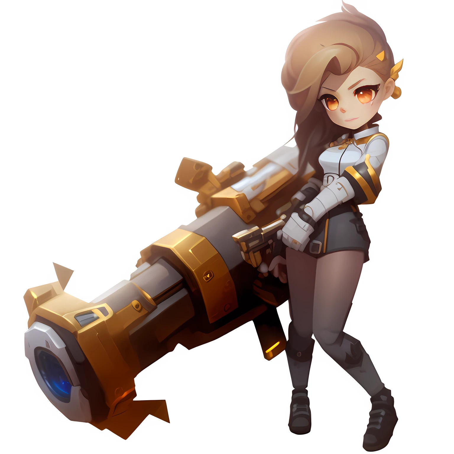 Close up of a woman holding a gun on black background, maple story gun girl, kda, cyarine, taliyah, from overwatch, 《overwatch》Cute Brigitte, style of duelyst, overwatch skin, 《overwatch》Brigitte, knights of zodiac girl, female lucio, Stylized anime, of a ramlethal valentine, bronze skin, overwatch character