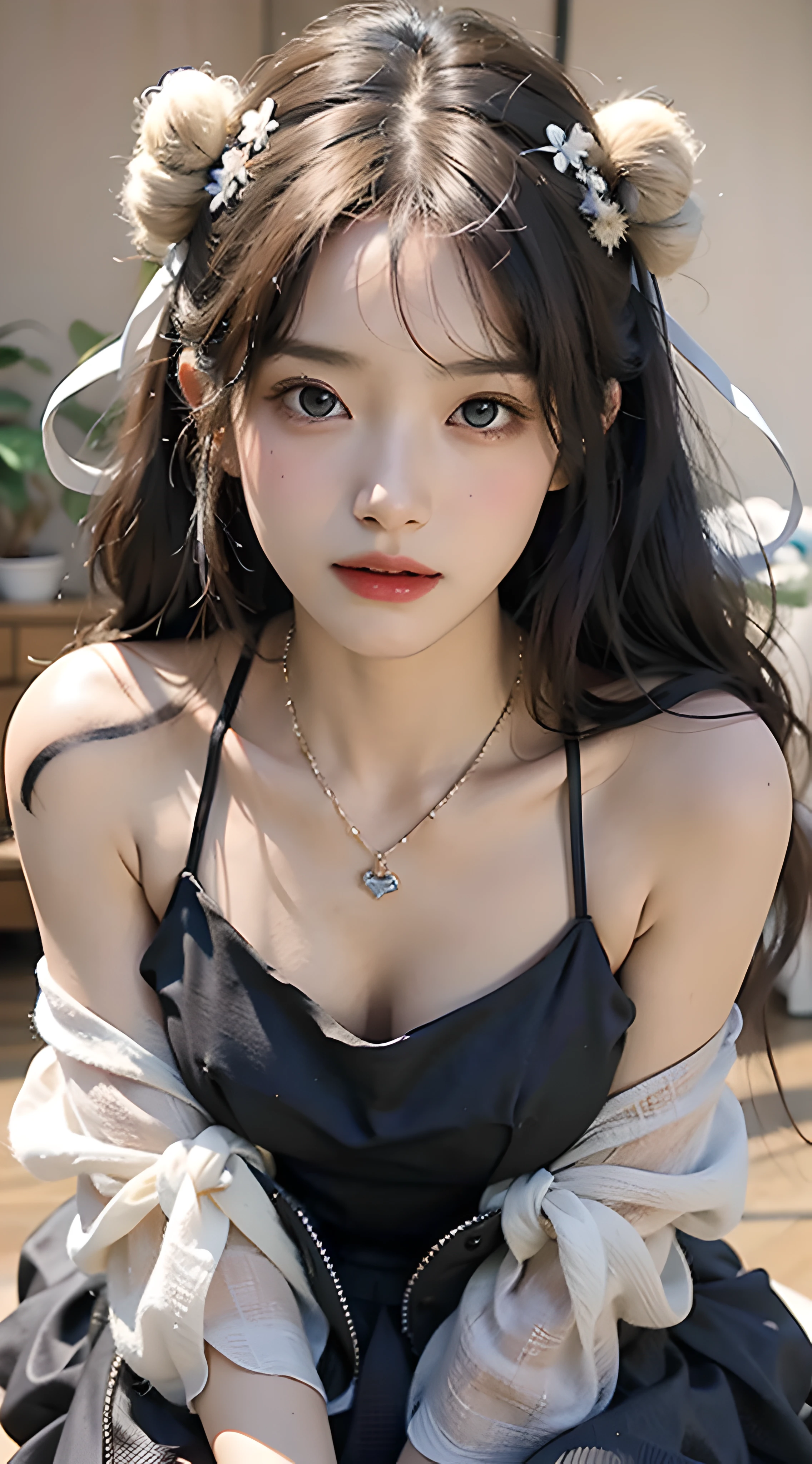Random posture,1Girl,flirting,beautiful,lip,realisitic,a photo of_\(medium\),soio,(Masterpiece),(realisitic:1.3),The ultra-detailliert,(High Definition Skin:1.2),(Best Quality:1.0), (The ultra-Highres:1.0), (ulzzang-6500:0.3), beautiful and clear eyes, delicate necklace,sunshine, (Delicate makeup is beautiful), (Sexually aroused blush, heavy breathing,:1.0) , Mix 4, s whole body, Black dress