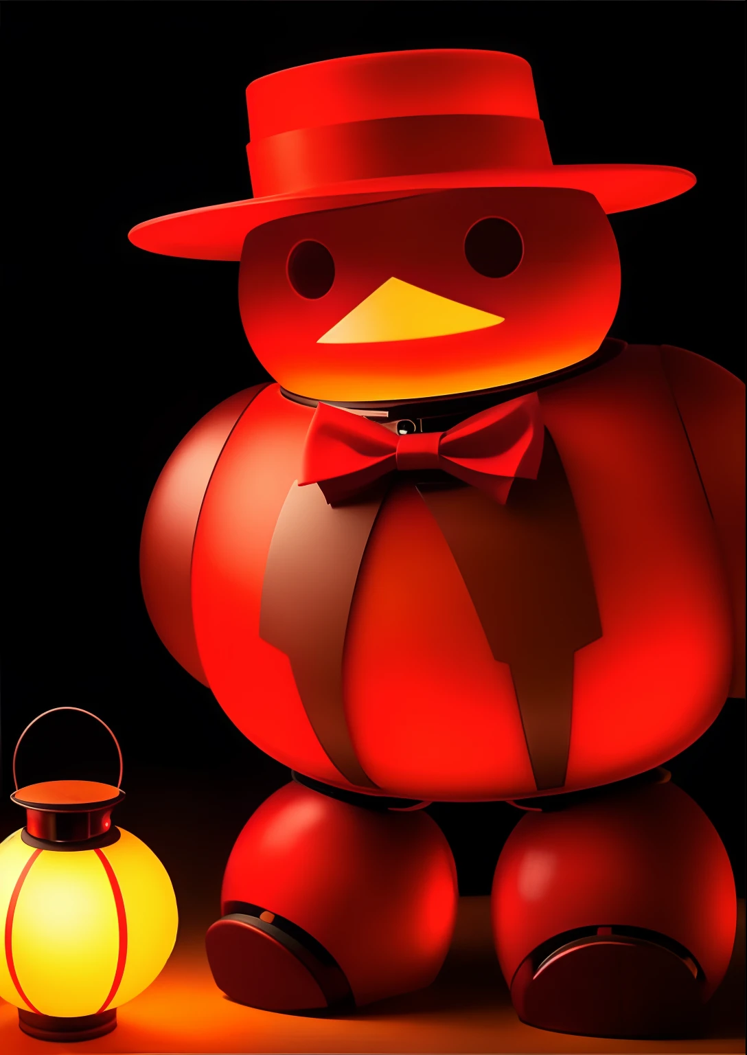 1 modern red fat robot with a bow tie, hat, holding a mid-autumn lantern