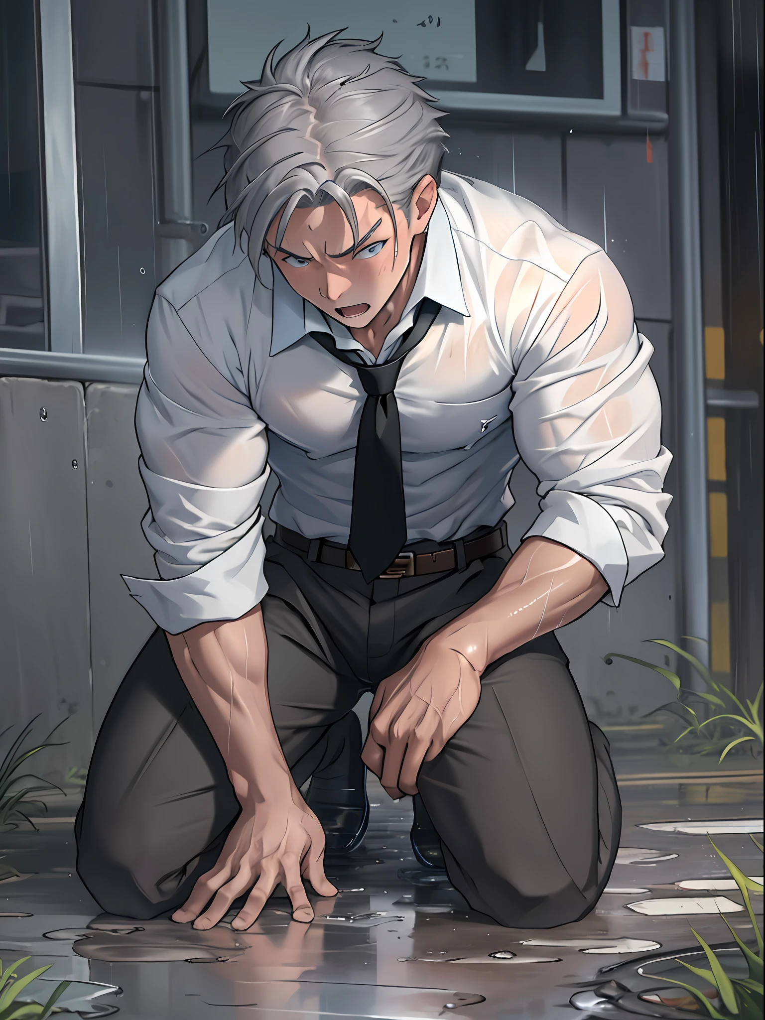 （1 Adult male），A high resolution， Sharp focus， Pixiv masterpiece， （（Complicated details））， highly  detailed， natsuki_subaru，Multi-view upper body，Suit pants view， 1 man，is shy，Pee on the legs，pissing，Urine runs down the thighs，embarressed，exhilarated，is shocked，panicking，worry，A small puddle of their own urine forms around the feet，full bodyesbian，kneels on the ground，Very eager to pee，It's uncomfortable，Wet yourself，Urine discharge， Sweaty crotch，Drenched，rain，The shirt is soaked，（A gesture of pleading），blue color eyes（eyes glowing）， Short gray hair，white  shirt，Wear a tie，Wear a belt，Black suit trousers，perspire，look from down