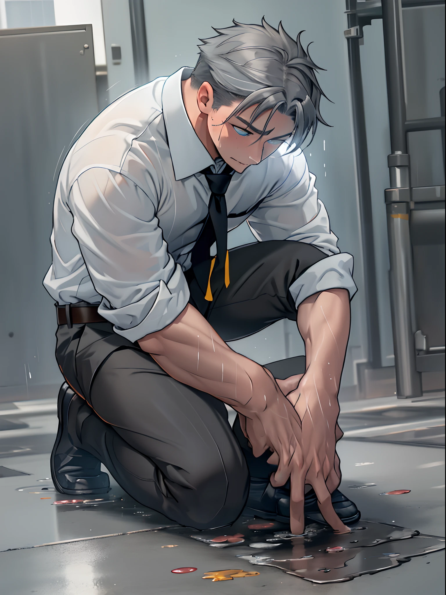 (1 Adult male),A high resolution, Sharp focus, Pixiv masterpiece, ((Complicated details)), highly detailed, natsuki_subaru,Multi-view upper body,Suit pants view, 1 man,is shy,Pee on the legs,pissing,Urine runs down the thighs,embarressed,exhilarated,is shocked,panicking,worry,A small puddle of their own urine forms around the feet,full bodyesbian,kneels on the ground,Very eager to pee,It's uncomfortable,Wet yourself,Urine discharge, Sweaty crotch,Drenched,rain,The shirt is soaked,(A gesture of pleading),blue color eyes(eyes glowing), Short gray hair,white shirt,Wear a tie,Wear a belt,Black suit trousers,perspire,look from down