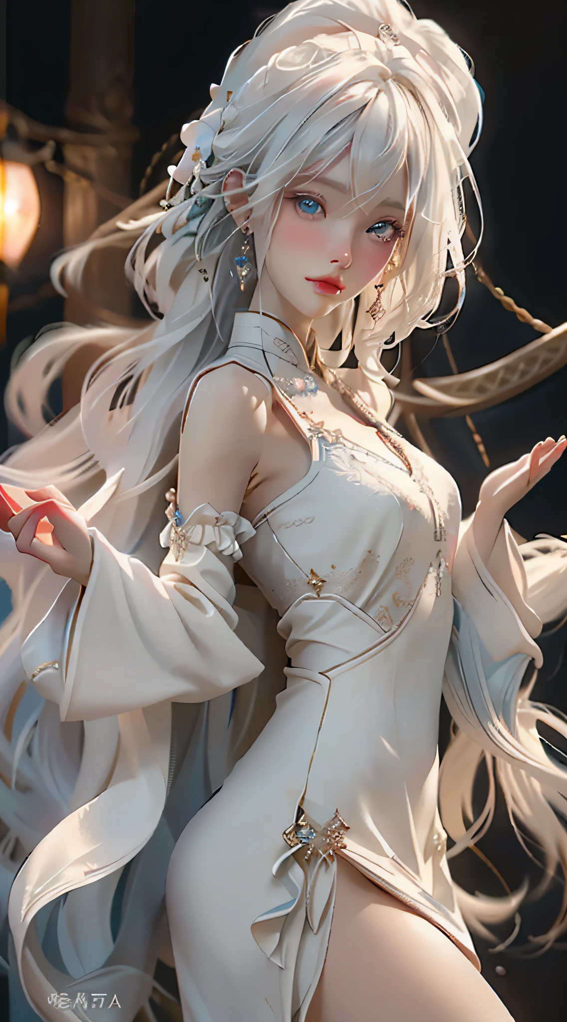 Best quality,A high resolution,There was a girl in a white dress, clubs,Ray traching,{best qualtiy},{ {tmasterpiece}},{blur backgroun},Extremely detailed 8k wallpaper,{An extremely delicate and beautiful},coloured with lots of colour,intricately details,photorealestic,Realiy,Camera quality,(Carefully portray clothes),Cold white skin,(Carefully portray blush),1080p,suns,Soft cute,Smooth light silver hair,Messy beauty,lamplight,Sense of brokenness,The skin is shiny and silky,3D stereoscopic,tmasterpiece,The best quality,The illustrations are super detailed,beautidful eyes,Very delicate light,Fine luminescence,Very detailed 8k CG wallpaper,petty eyes,Blue pupils,An extremely delicate and beautiful girl,8k wallpaper,best qualtiy,Half-body close-up,a white long skirt,Luxuriously silky bright red chiffon overshine(illusion,glitters,Ultrathin,softness,)Hanfu immortals, xianxia fantasy, 8K)