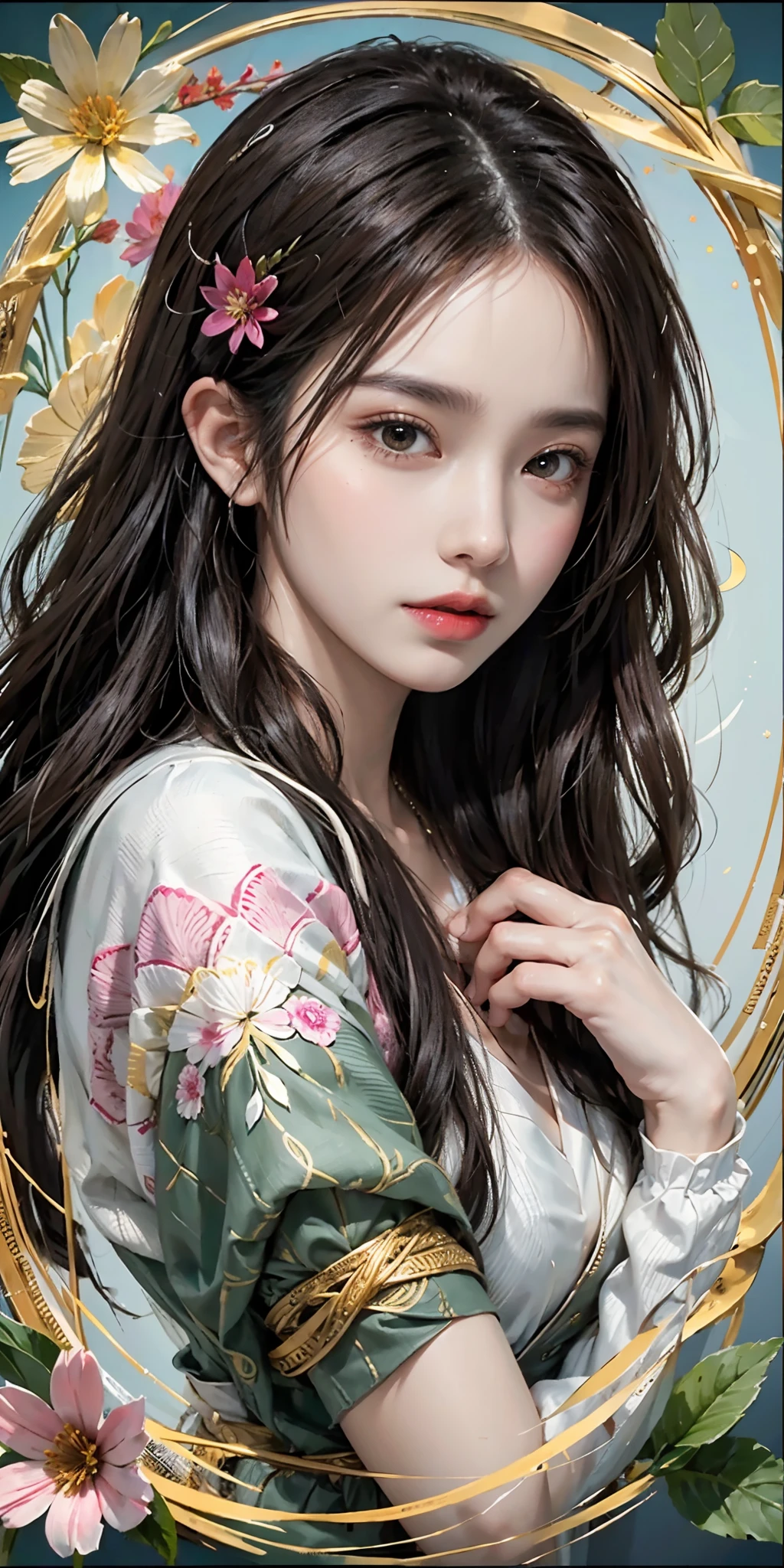1girl, solo, waist up, from above, (zentangle, mandala, tangle, entangle), (flower blossom:1.2) official art, unity 8k wallpaper, ultra detailed, aesthetic, masterpiece, best quality, photorealistic, wavy hair