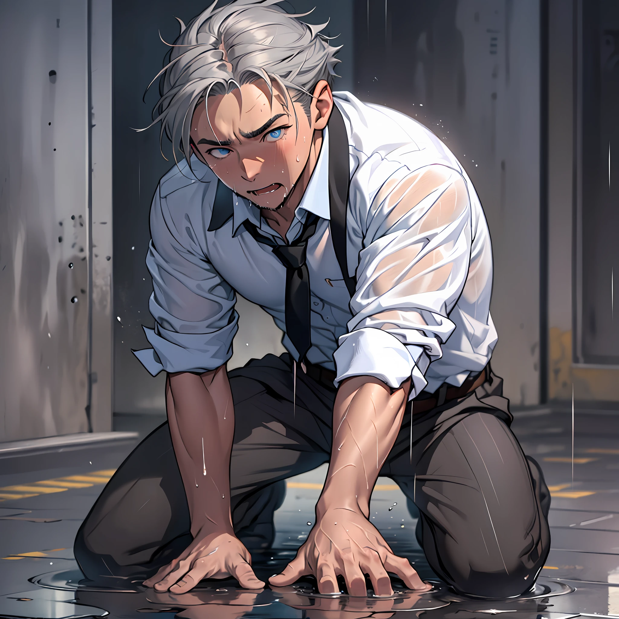 （1 Adult male），A high resolution， Sharp focus， Pixiv masterpiece， （（Complicated details））， highly  detailed， natsuki_subaru，Multi-view upper body，Suit pants view， 1 man，is shy，Pee on the legs，pissing，Urine runs down the thighs，embarressed，exhilarated，is shocked，panicking，worry，A small puddle of their own urine forms around the feet，full bodyesbian，kneels on the ground，Very eager to pee，It's uncomfortable，Wet yourself，Urine discharge， Sweaty crotch，Drenched，rain，The shirt is soaked，（A gesture of pleading），blue color eyes（eyes glowing）， Short gray hair，white  shirt，Wear a tie，Wear a belt，Black suit trousers，perspire，look from down