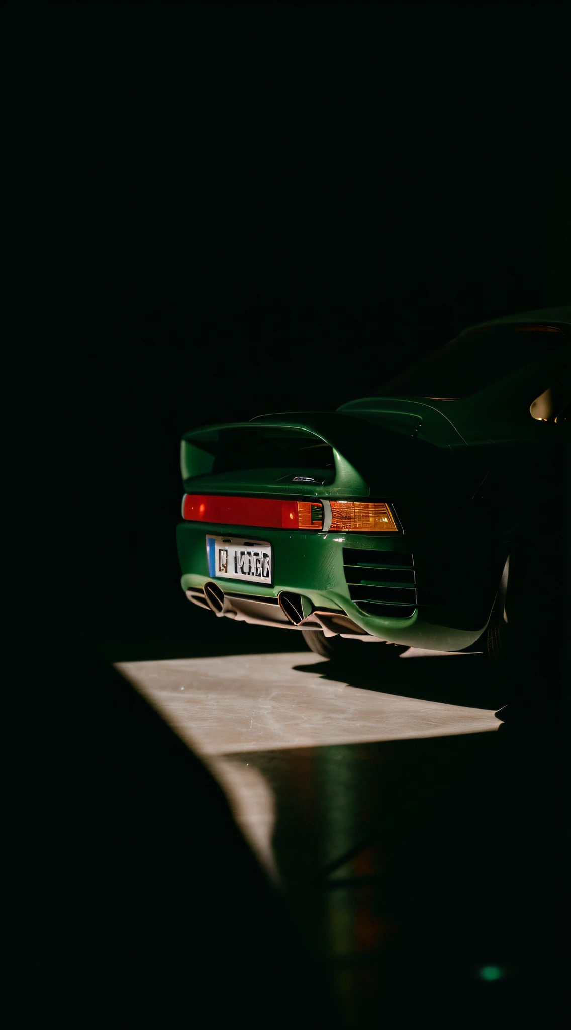 Alafid view of green sports car in dark room, inspired by Harry Haenigsen, sports car in the room, author:Matthias Wescher, author:Sebastian Spoon, cinematic back lit lighting, With cinematic lighting, author:Thomas Hefner, Frontlighting, with dramatic lighting, full view of a sport car, sports cars, sports cars