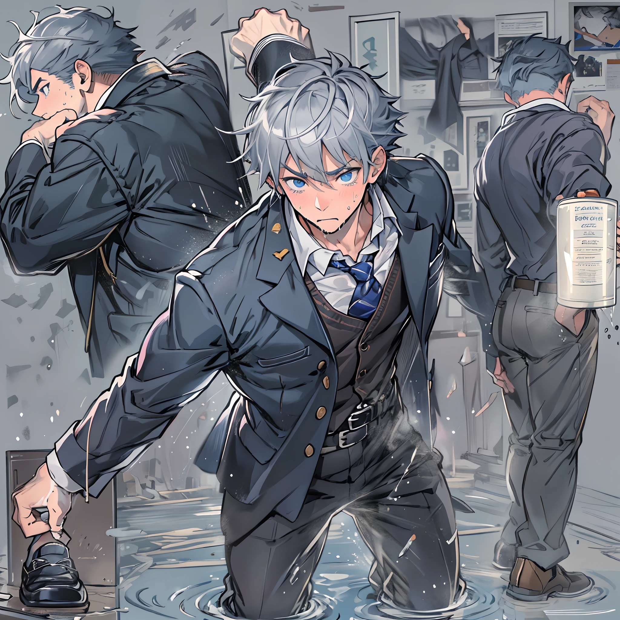(1 Adult male),A high resolution, Sharp focus, Pixiv masterpiece, ((Complicated details)), highly detailed, natsuki_subaru,Multi-view upper body,Suit pants view, 1 man,is shy,Pee on the legs,pissing,Urine runs down the thighs,embarressed,exhilarated,is shocked,panicking,worry,A small puddle of their own urine forms around the feet,full bodyesbian,kneels on the ground,Very eager to pee,It's uncomfortable,Wet yourself,Urine discharge, Sweaty crotch,Drenched,rain,The shirt is soaked,(A gesture of pleading),blue color eyes(eyes glowing), Short gray hair,white shirt,Wear a tie,Wear a belt,Black suit trousers,perspire,look from down