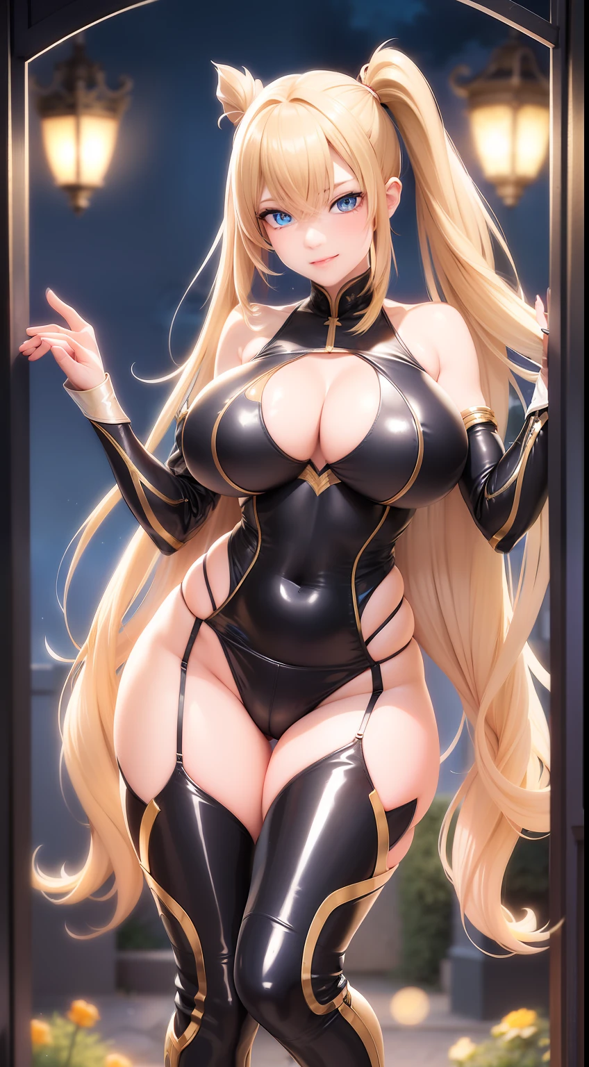 tmasterpiece,best qualtiy,super fine illustrations,Extremely refined and beautiful,Movie Angle,floatking,beatiful detailed eyes,Detail light,电影灯光,Exquisite sky,pretty skin,Shiny skin,perspired,woman,(slim:1.5),(huge tit:1.5),areola of breast,tit,(A sagging breast:1.5),Bulging breasts,small-sized buttocks,Slender thighs,blond hairbl,eBlue eyes,high ponytails,cloaks,glowing light eyes,trpical garden,Full body portrait of the vista