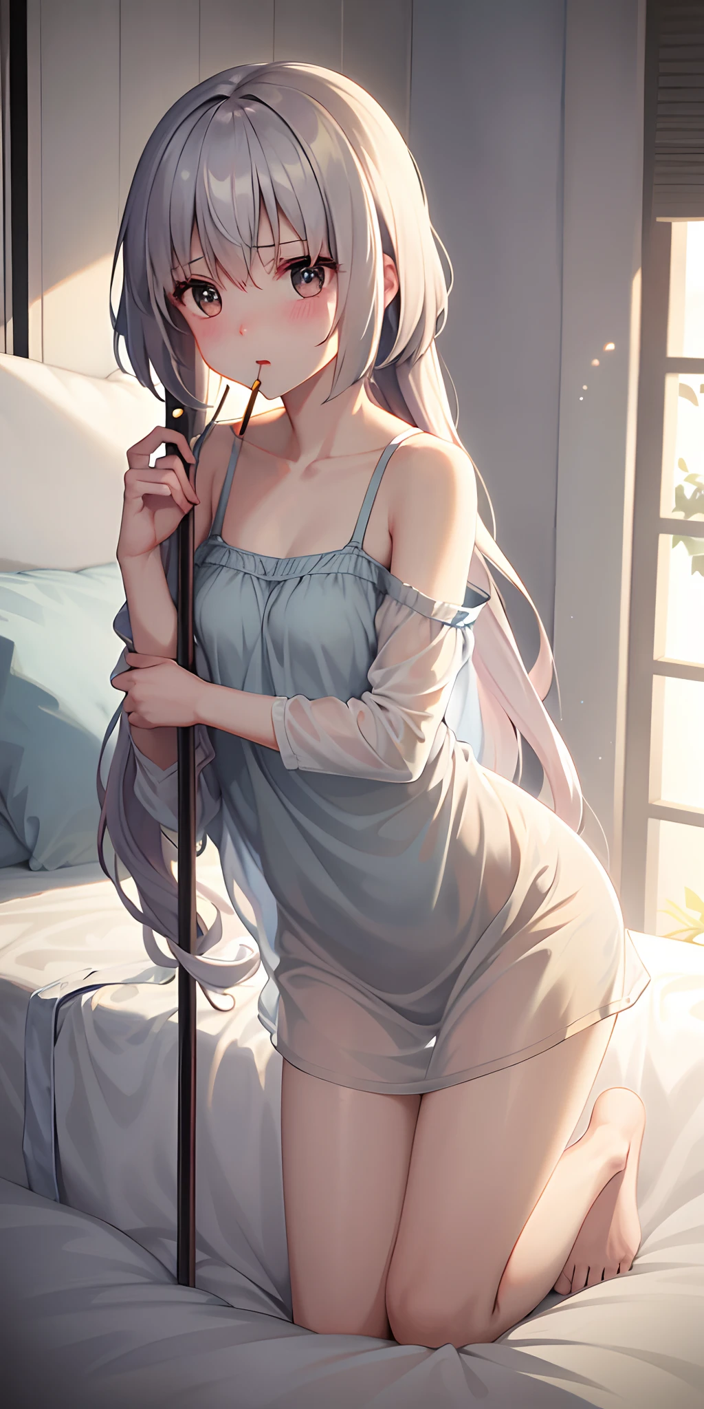 A girl in translucent clothes kneels on the bed，The girl's face blushed，A long transparent stick in his mouth，Leaning forward