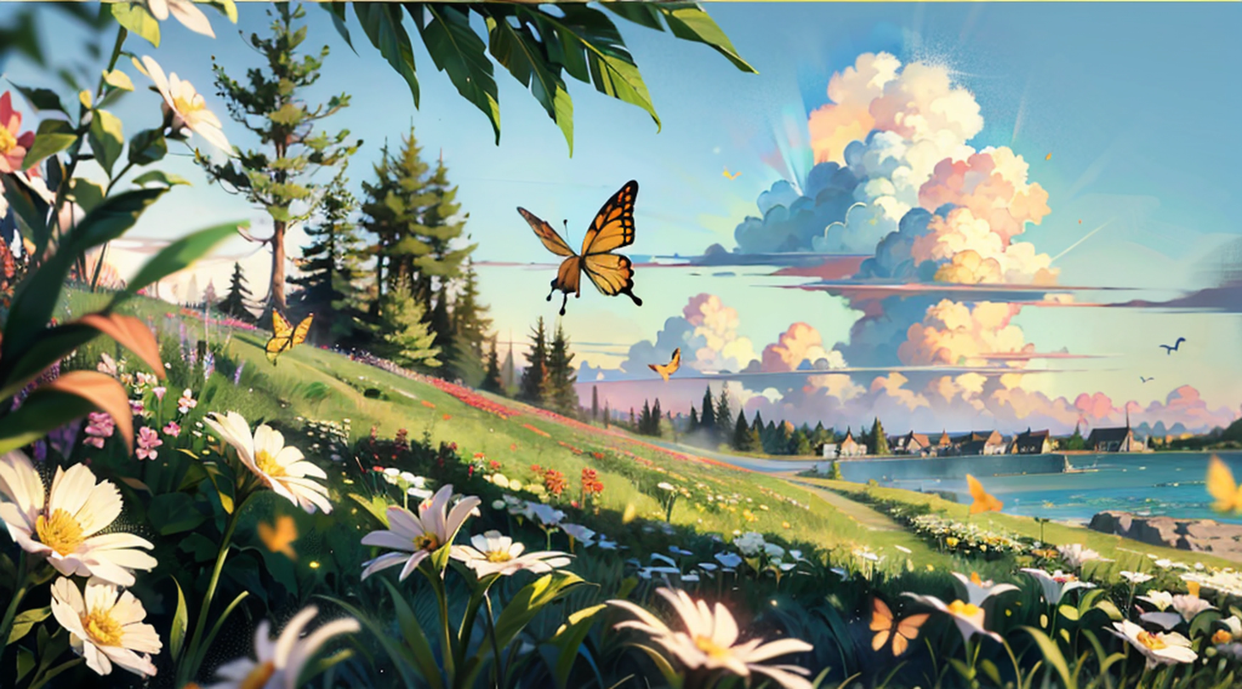 (Mono Color:0.9),(a color:1.1),(tmasterpiece:1,2), best qualtiy, tmasterpiece, High- sharpness, Original, extremelydetailedwallpaper,From the picture, We can see the trees on the shore towering into the clouds,The branches are full of flowers,Flocks of butterflies dance among the flowers,In this garden-like world,It looks even more beautiful and sacred,cinema shot