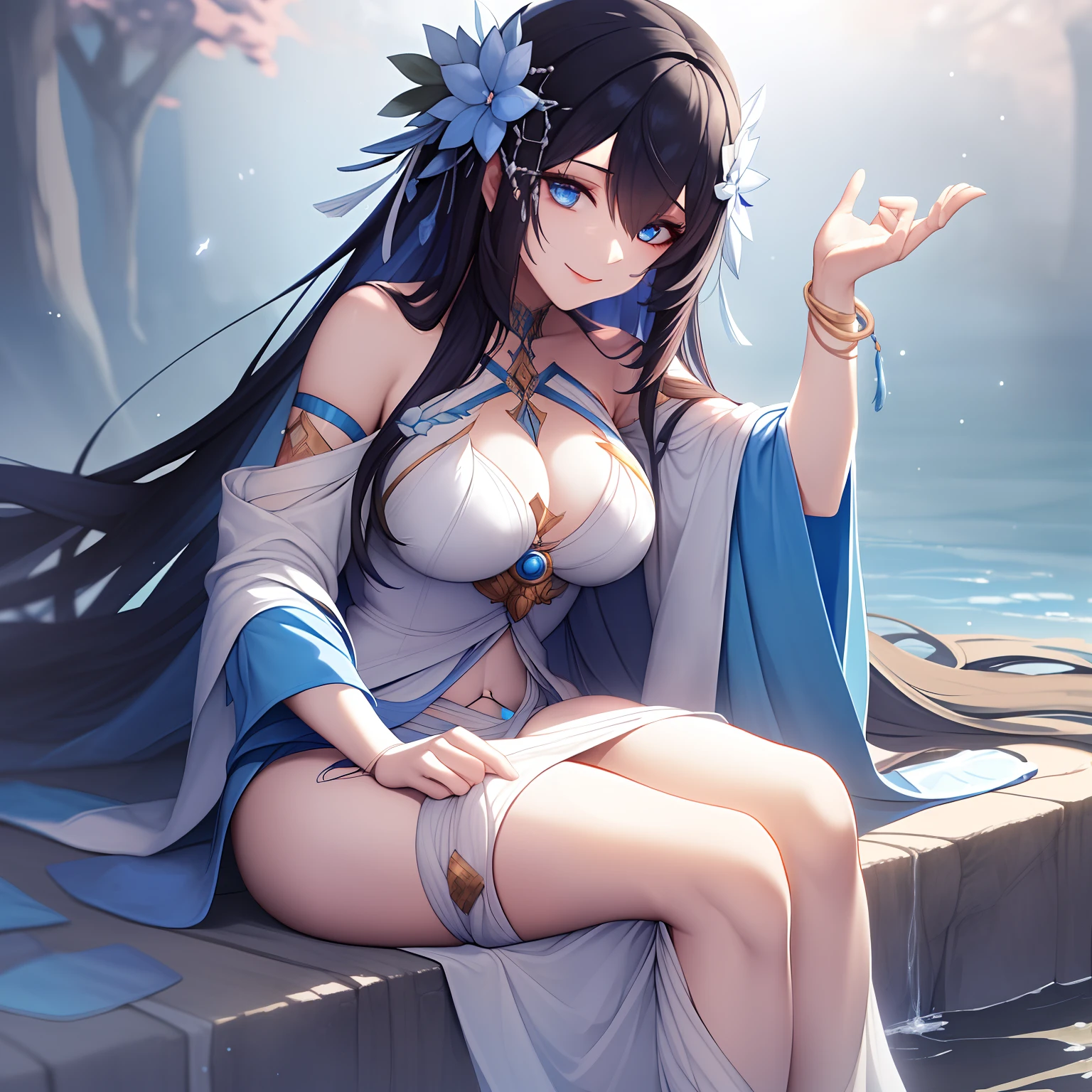 Woman, long dark blue hair with bright blue strands, blue eyes, calm peaceful look and smile, white open and light clothes, goddess of wate