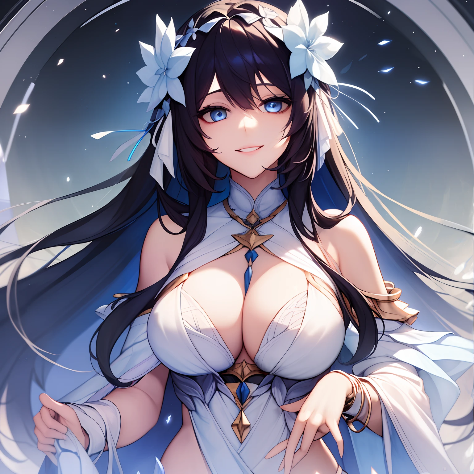 Woman, long dark blue hair with bright blue strands, blue eyes, calm peaceful look and smile, white open and light clothes, goddess of wate