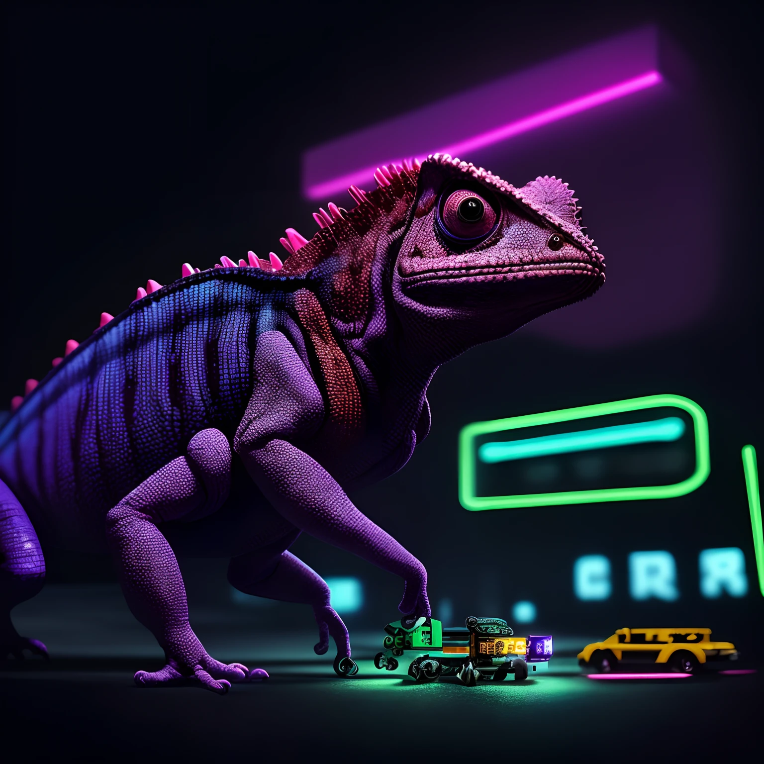 hyperrealistic, portrait of Chameleon Playing Lego, animal, cyberpunk city, cold color, night, cinematic light, purple neon light, bokeh, rim light