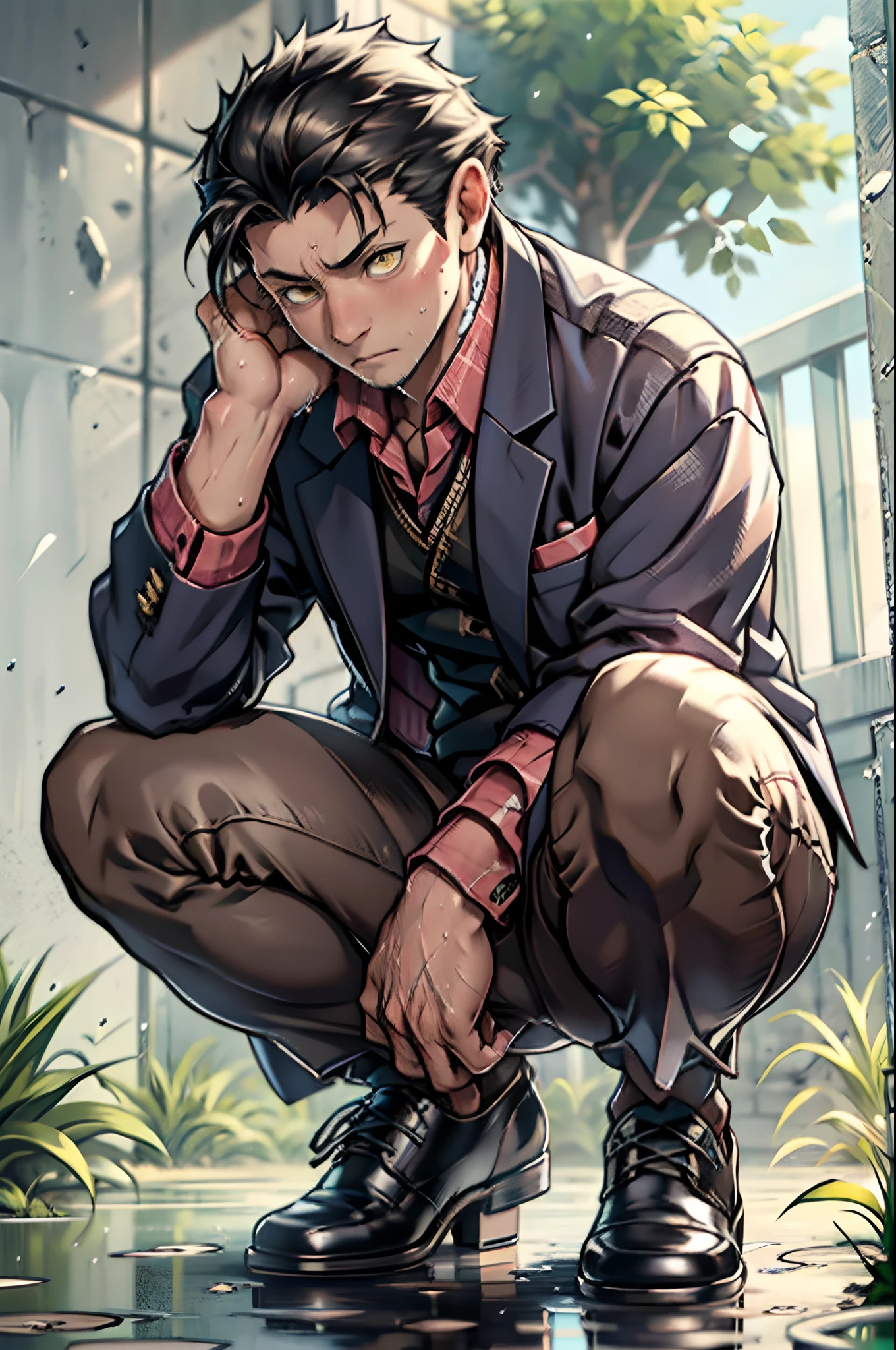 A3R1, Hector Fey ，Multi-view upper body， Suit pants view，legs separated，A3R1,pissing，Pee yourself，His own urine ran down his thighs，perfect male figure， Aerith Gainsborough ,The suit pants are wet，Urine runs down the leg of the trouser，Yellow eyes，Half squat，legs separated，Can't hold back urine，wants to pee，Wear a tie，wearing leather belt，Long Sleeve White Shirt，（The shirt is soaked），Black hair short hair，perspire，Black suit trousers，dress shoes，Nervously bow your head，is shy，embarressed，exhilarated，is shocked，panicking，worry，exteriors，On dry ground， A small puddle of his own urine formed around his feet，half squatting，Very eager to pee，Unbearable，Can't help but pee，Urine flows from the crotch to the legs，Incontinence，It's uncomfortable，Very anxious，Sweat runs from the crotch，Wet yourself，urinating，high detal，hentail realism，ultra-realistic realism，three sided view， A masterpiece of careful planning，A high resolution， hyper HD ，anatomy correct，super detailing，best qualtiy，A high resolution，8K