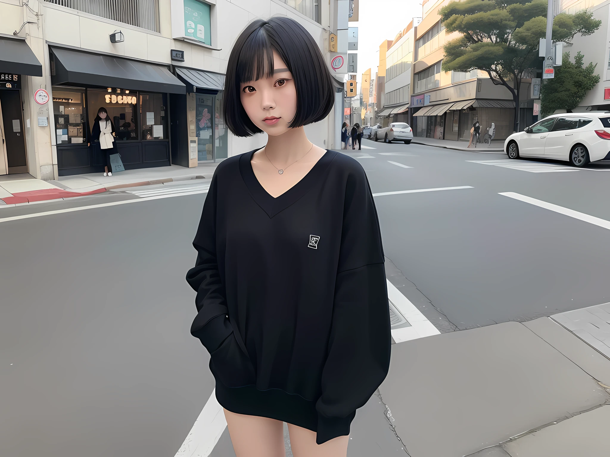 "Japanese girl in her 20's with a stylish bob cut hairstyle, black hair, captivating round eyes, slim figure, wearing an oversized sweatshirt, standing in a bustling street, with a focus on her shy expression in high-quality 8k resolution."