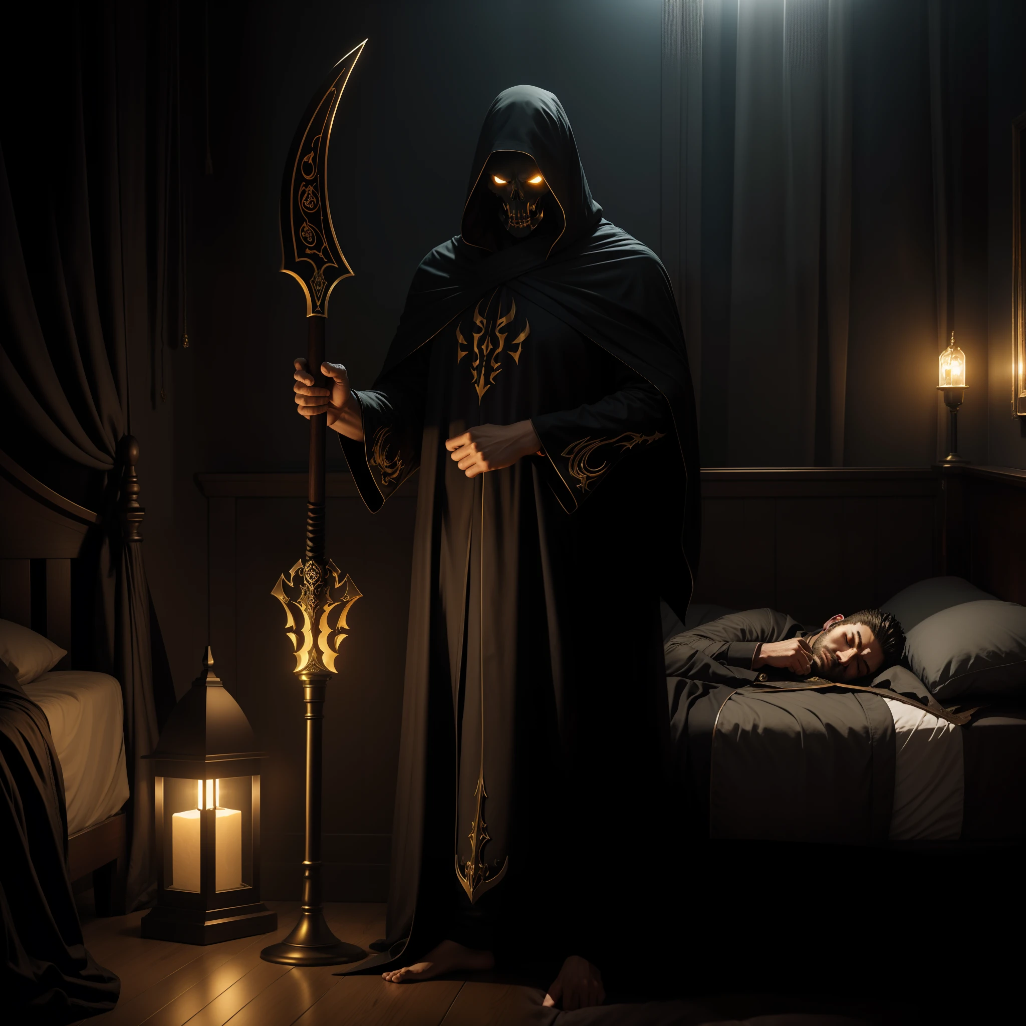 a men sleeping on bed, a reaper standing near hid bed, golden eyes, horror style, fantasy style, men on bed sleeping, high quality, axe with reaper, light dark room
