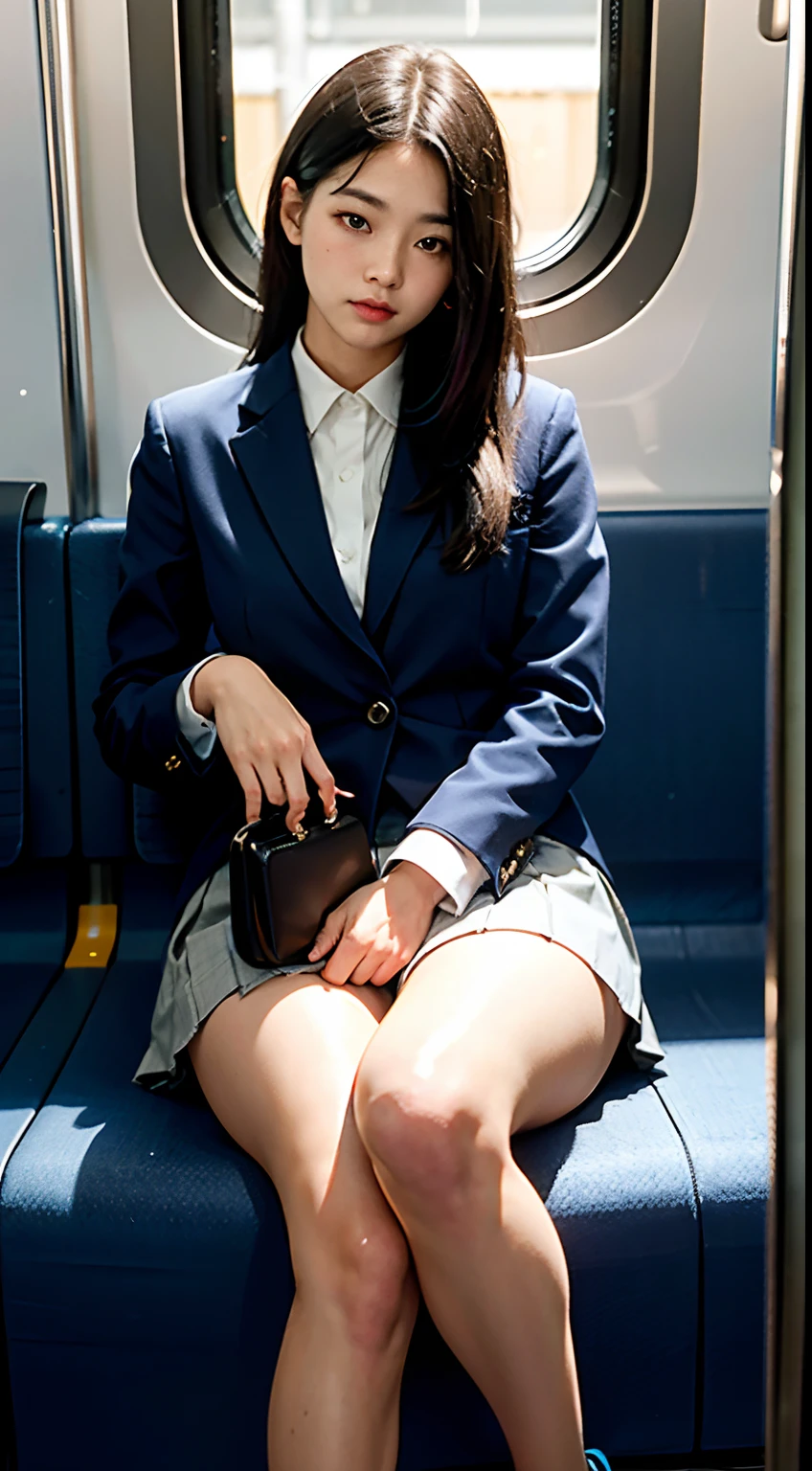 "(Masterpiece, High Definition, Ultra High Definition, 4K) Black hair, 14 years old Japan girl, uniform skirt, emphasizing thighs, white thighs, soft thighs, glossy thighs, sitting on the train, face-to-face angle, (angle from below),sitting in the train seat,Sitting in front,Zoom camera in the crotch,Feet on the train floor,Full body,Looking down and sleepy,Looking at the viewer only", best quality, ultra high definition, (photorealistic:1.4),, high resolution, detail, raw photo, sharp re, Nikon D850 film stock photo by Lee Jefferies 4 kodak portra 400 camera f1.6 lens rich colors hyper realistic lively textures dramatic lighting unreal engine artstation trends cinestir 800,