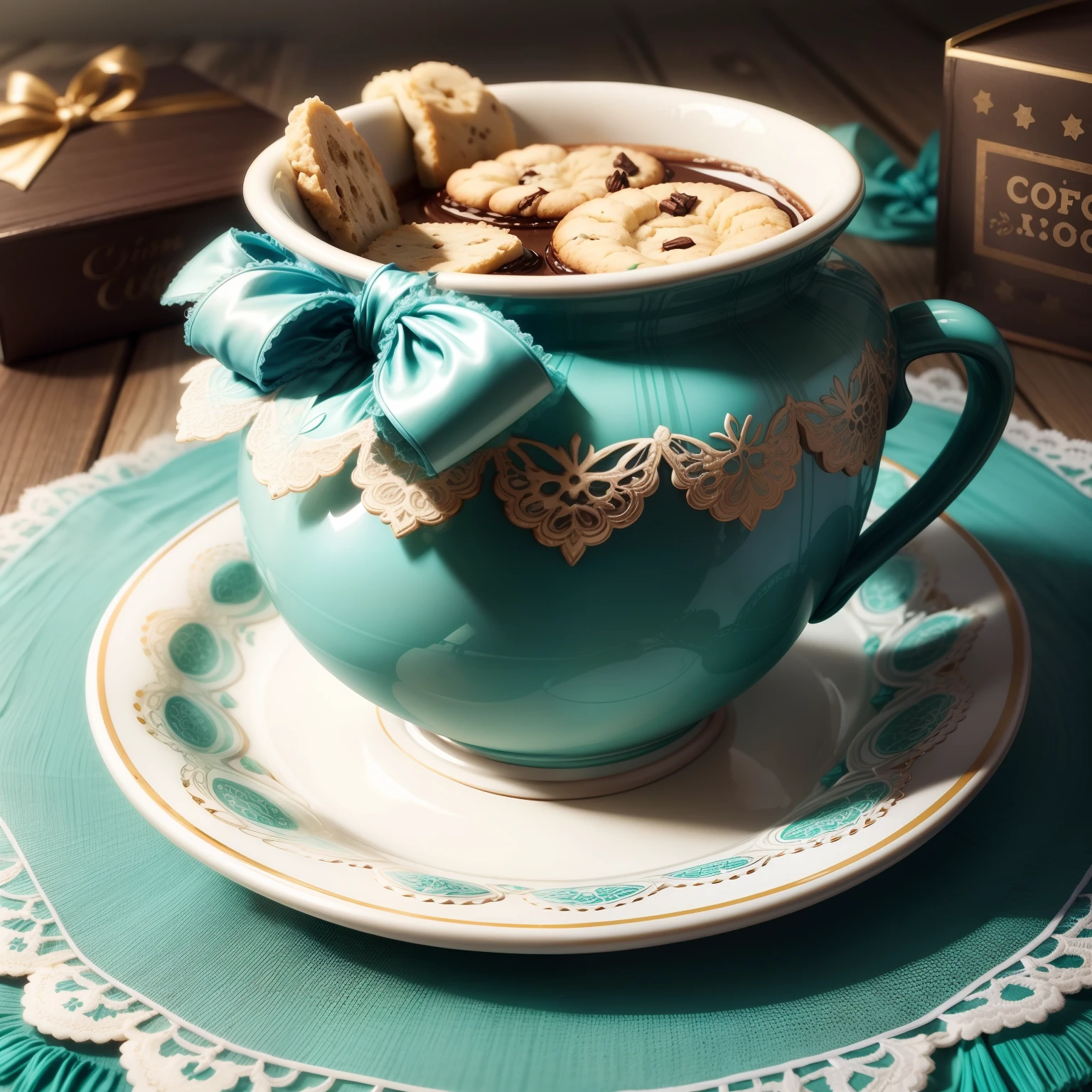 candy and cookie lace box and hot coffee cup, tiffany color scheme