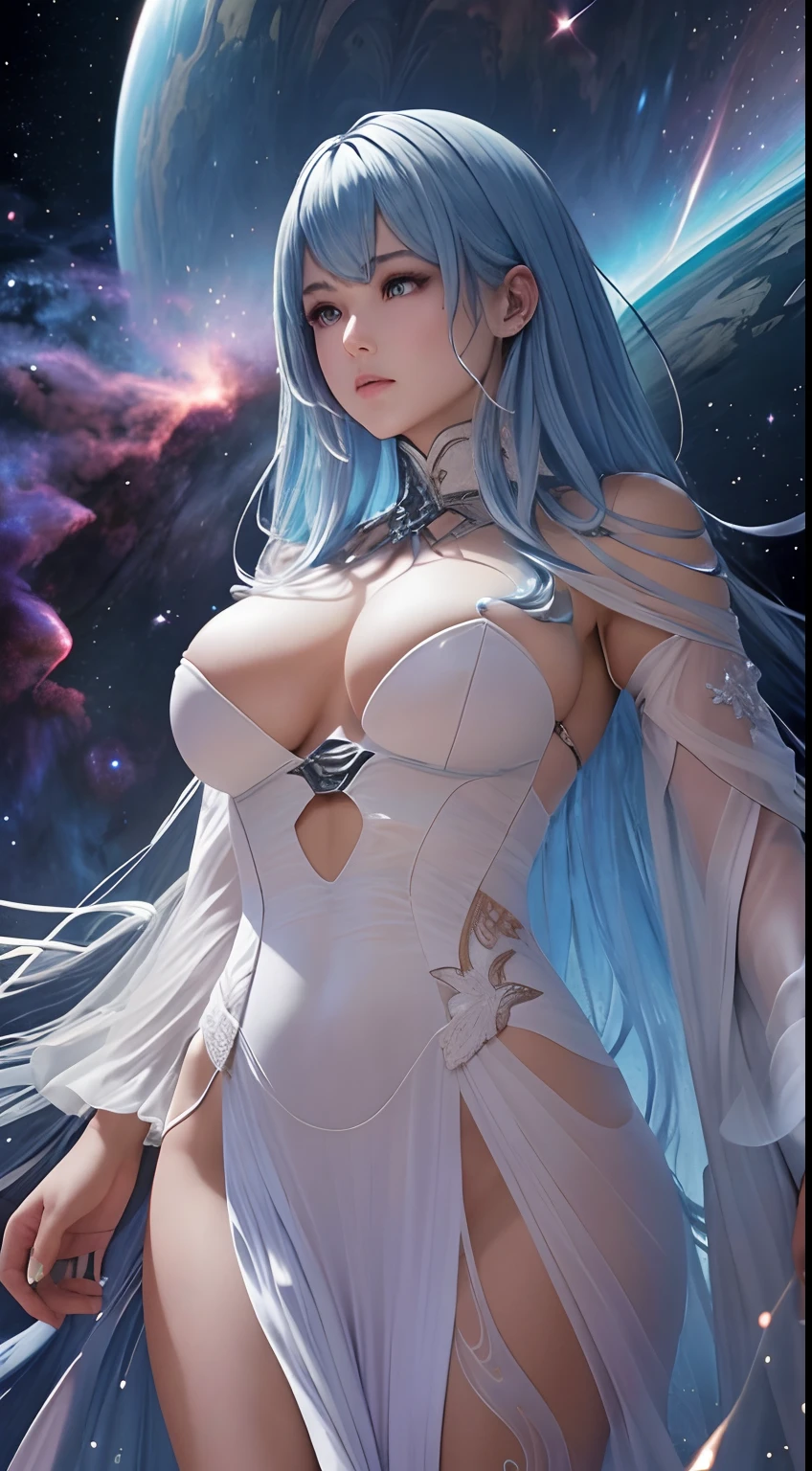 An incomprehensible and spectacular scene of the appearance of a figure from a glowing cloud, filaments of fractal nebula, Cosmic entities, Celestial, Space, Bright and bright, Twists, whirling, Unrealistic, High-contrast, Symbolic, Magic, mysticistic, hoaxing, Hyper-realistic, Oversaturated, Colorful, Transcendental, a goddess, NSFV