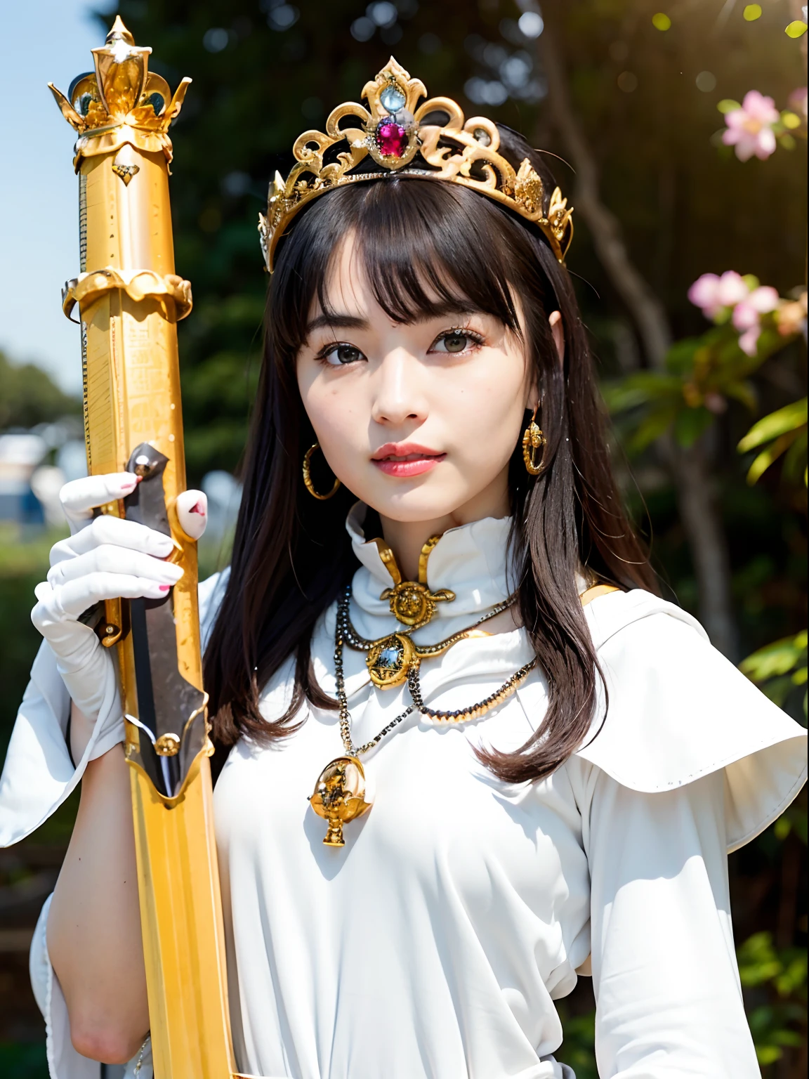 (masutepiece), Professional , masterpiece、top-quality、photos realistic , depth of fields (Gemstone Silver Metal Body:1.9),(Matte White、Jewel Gold Weapon(Jewel Metal Body:1.4),Gorgeous metal weapons , Detailed Sword of the Brave , Beautiful knife ,warhammer 40k , adepta sororitas,Detail and ornate jewel crown、Black hair、Gangle's forest background、Beautiful Caucasian beauty、1a person、dynamic ungle,(((Detailed and ornate diamond crown)))、Smaller head、A smile、Take a sexy pose、Background inside the castle、Thin and beautiful female hands、