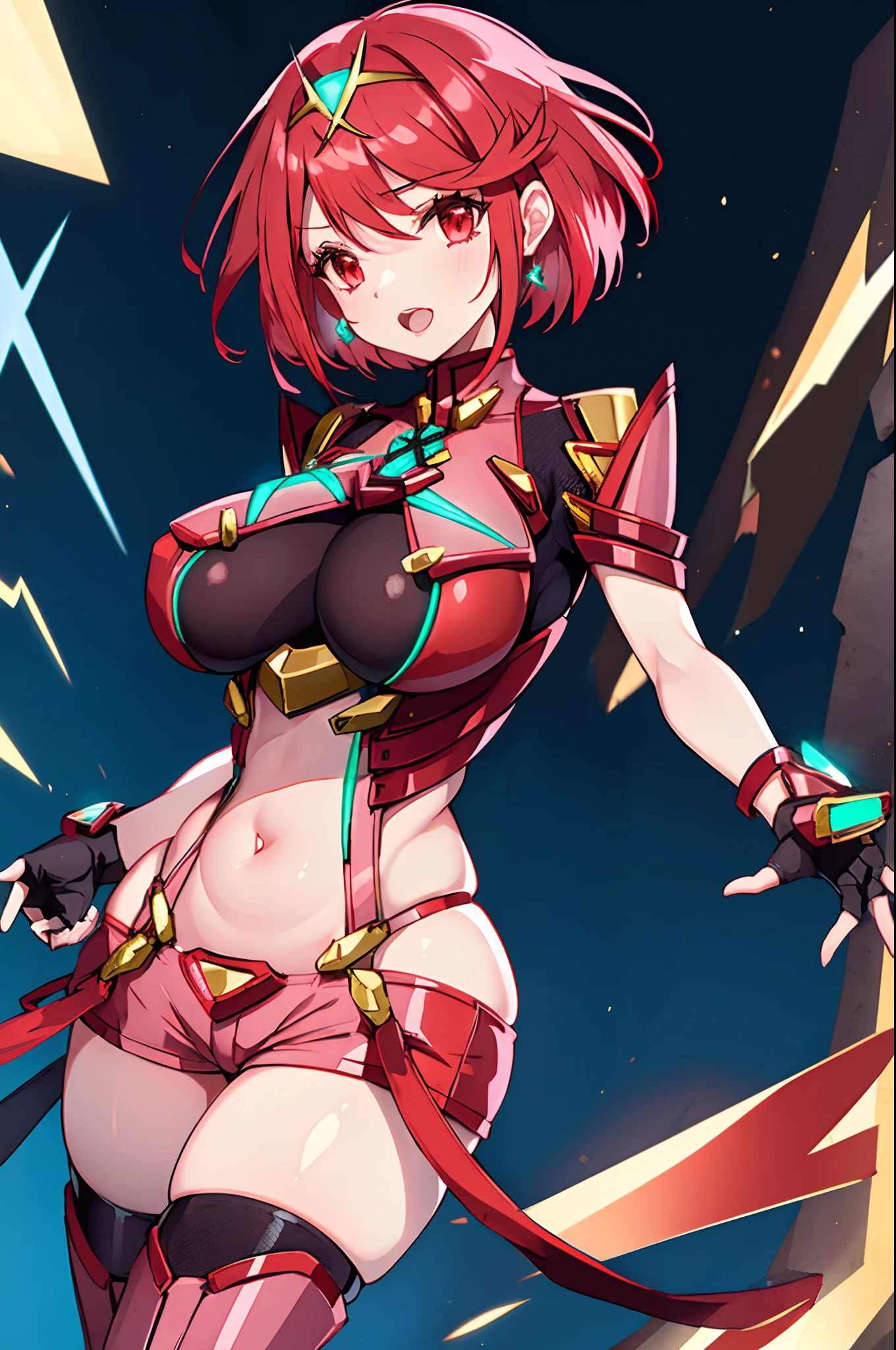 pyra \(xenoblade\), teen_1girl, armor, bangs, black gloves, breasts, red eyes, closed mouth, earrings, eyelashes, fingerless gloves, floating hair, framed breasts, gem, gloves, hair ornament, headpiece, jewelry, big_breasts, leaning back, leotard, neon trim, official art, pose, red hair, red shorts, saitou masatsugu, short hair, short shorts, short sleeves, shorts, sidelocks, skin tight, solo, standing, swept bangs, thighhighs, tiara, night_prairie_background, turtleneck, underbust, vambraces, xenoblade chronicles \(series\), (xenoblade chronicles 2), apart_legs, fire_effect,dynamic_pose,fighting,light_smile, (plump:1.1), big_ass,huge_sword, hold_large_sword_hilt, solo, covered_nipples, covered_pussy,open_mouth,back_view, fists,