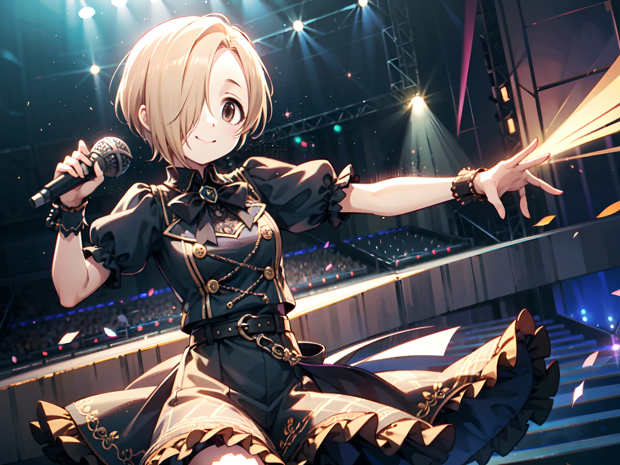 (masterpiece:1.3), (high-resolution, RAW,realistic:1.2), (best quality:1.2), (soft light:1.0) BREAK
shirasaka koume, (1girl, solo),
smile, short hair, blonde hair,
bow, brown eyes, short sleeves, hair bow, puffy sleeves, belt, hair over one eye, puffy short sleeves, wrist cuffs, plaid, 
(on the stage, (holding microphone:1.3), sing),reach a large audience,
highest quality, realistic lighting, light particles, intricate (high detail:1.3), masterpiece,