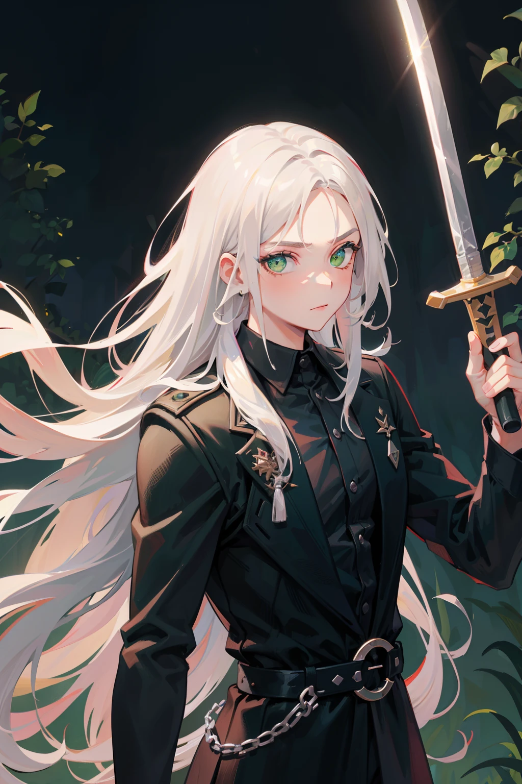 (masterpiece), best quality, detailed hair detailed face, ultra high res, sharp focus, ((1 man, solo)), perfect masculine face, upper body, close up, (at the night time:1.2), at the forest, Sephiroth from Final Fantasy, look at the viewer, silver white hair, flowing long hair, ((perfect shape eyes, green eyes)), (formal masculine all black outfit:1.2), (holding long sword:1.1)