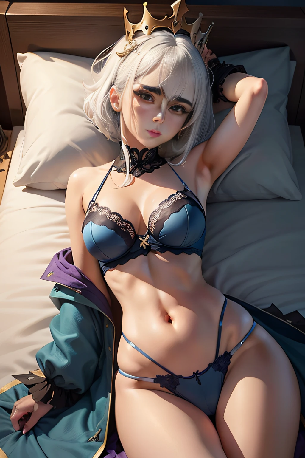 Anime girl with white hair and blue lingerie and crown, Genshin character, water elemental, Lie down in bed, zhongli from genshin impact, From Arknights, ayaka game genshin impact, white-haired god, Genshin Impact, official character art,Bare shoulders,Ferina,A high resolution,best qualtiy,1girl,Be red in the face,Female imps