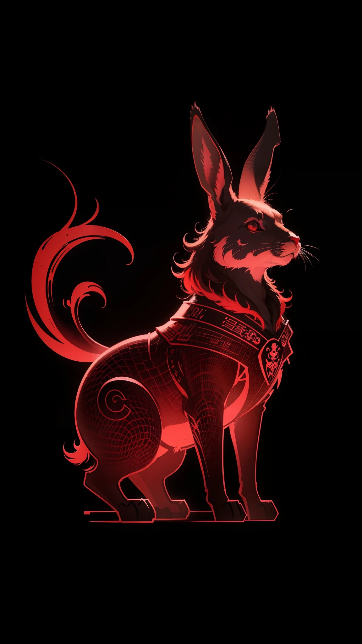 [red rabbit] Heraldic silhouette, logo masking style illustration, by dan mumford, by greg rutkowski, by james jean, black background, fantasy art, mysterious, realistic, majestic, rich vibrant colors, high contrast, seamless water brand, artstation, deviantart, dribble, redbubble, teepublic, sharp focus, simple, hyper detailed, detailed drawing, vectorize, outline, isometric style ."
