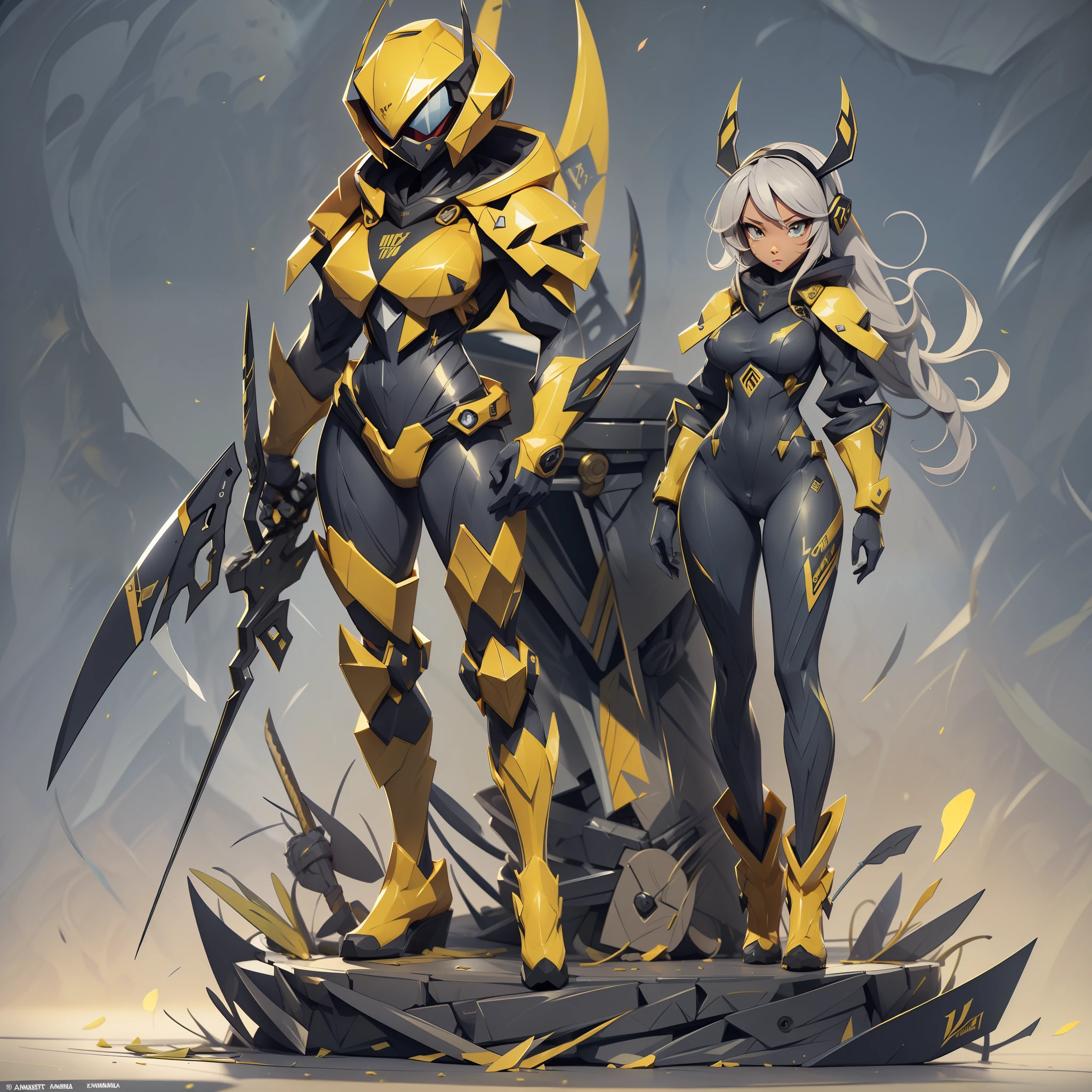 Hornet, species name Kamura C. Blade, various shades of grey with navy blue legs and gold stinger, Masterpiece, Best Quality