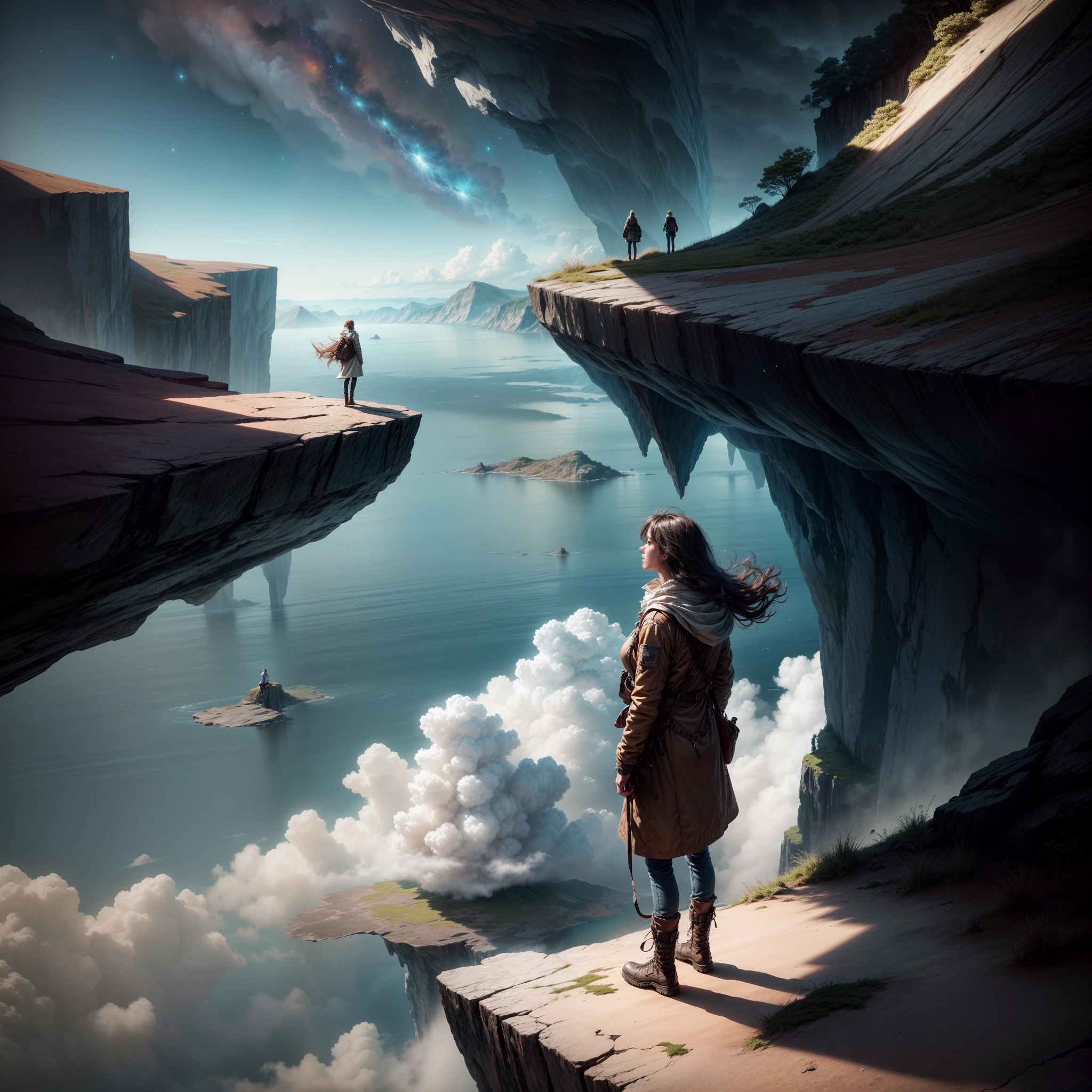 A woman stands on the edge of a cliff, without a care in the world, as he sets out on a new adventure. He is gazing upwards toward the sky (and the Universe) and is seemingly unaware that he is about to skip off a precipice into the unknown.
