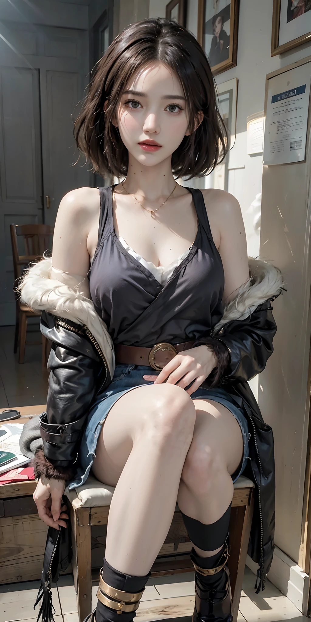 1girl, waist up, art by Ian Davenport,art by Cecily Brown, concept art, Portait of a Moody [shu qi:Jennifer Lawrence:5], wearing Eclectic Fur Fringe top, Ruff, Anklet, Makeup, Cosy, loop lighting, 80mm, official art, unity 8k wallpaper, ultra detailed, aesthetic, masterpiece, best quality, photorealistic