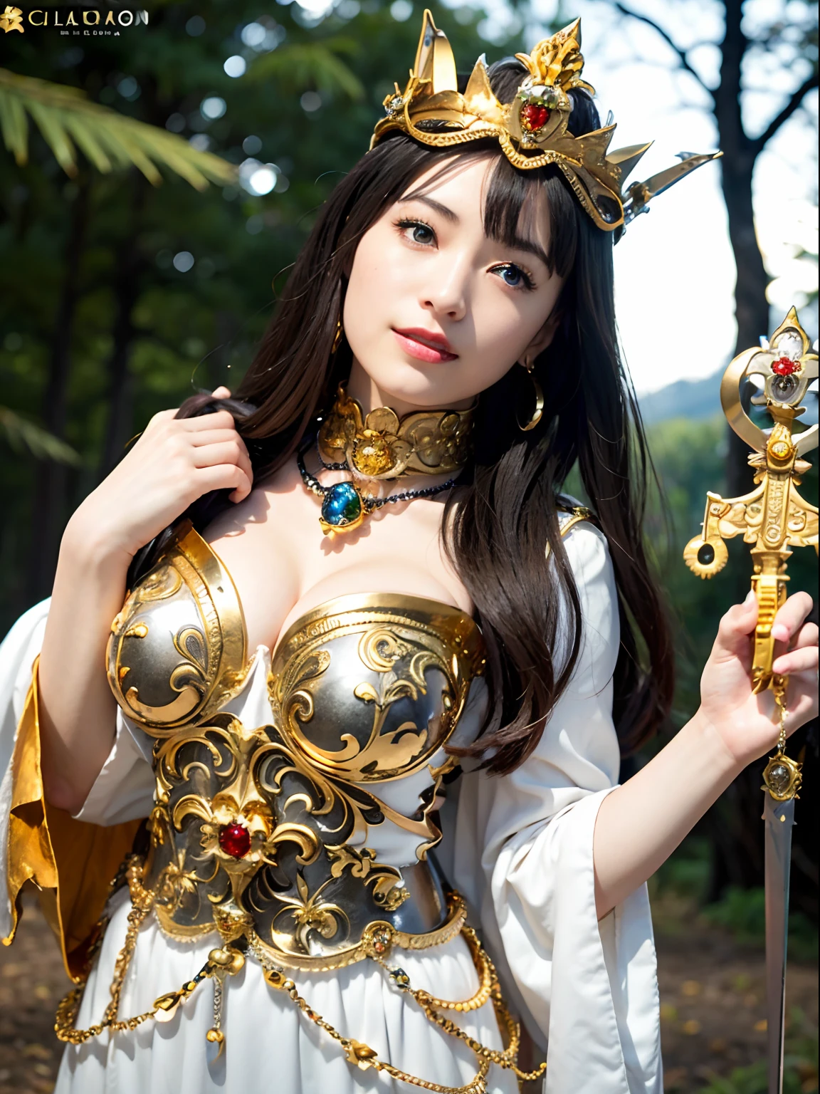 (masutepiece), Professional , ​masterpiece、top-quality、photos realistic , depth of fields （Gemstone Silver Metal Body:1.９),(Matte White、Jewel Gold Weapon（Jewel Metal Body:1.４),Gorgeous metal weapons , Detailed Sword of the Brave , Beautiful knife   ,warhammer 40k , adepta sororitas,Detail and ornate jewel crown、Black hair、Gangle's forest background、Beautiful Caucasian beauty、１a person、dynamic ungle,(((Detailed and ornate diamond crown)))、Smaller head、A smile、Take a sexy pose、Background inside the castle、Thin and beautiful female hands、