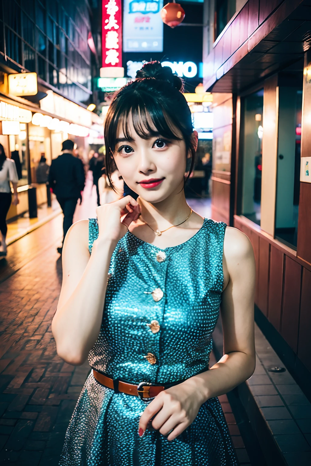 best quality ,masterpiece,ultra high res,(photo realistic:1.4), 1 girl, looking at viewer, Wearing mini dress, japanese famous actress, very beautiful,kawaii, Cinematic, 35mm lens, f/ 1. 8, accent lighting, 8k, in japanese city